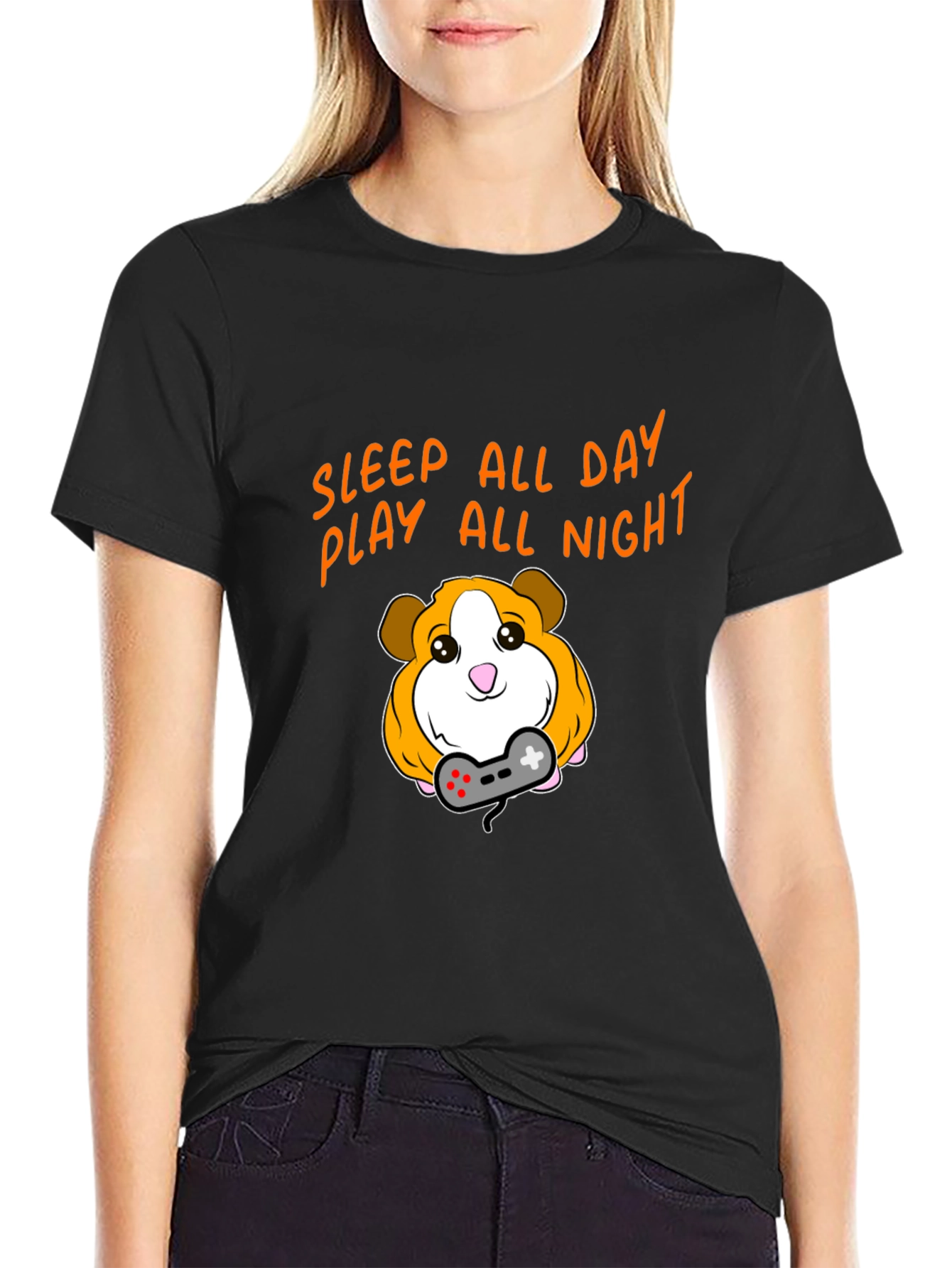 Black Sleep All Day Play All Night Gaming Guinea Pig T-Shirt view 2