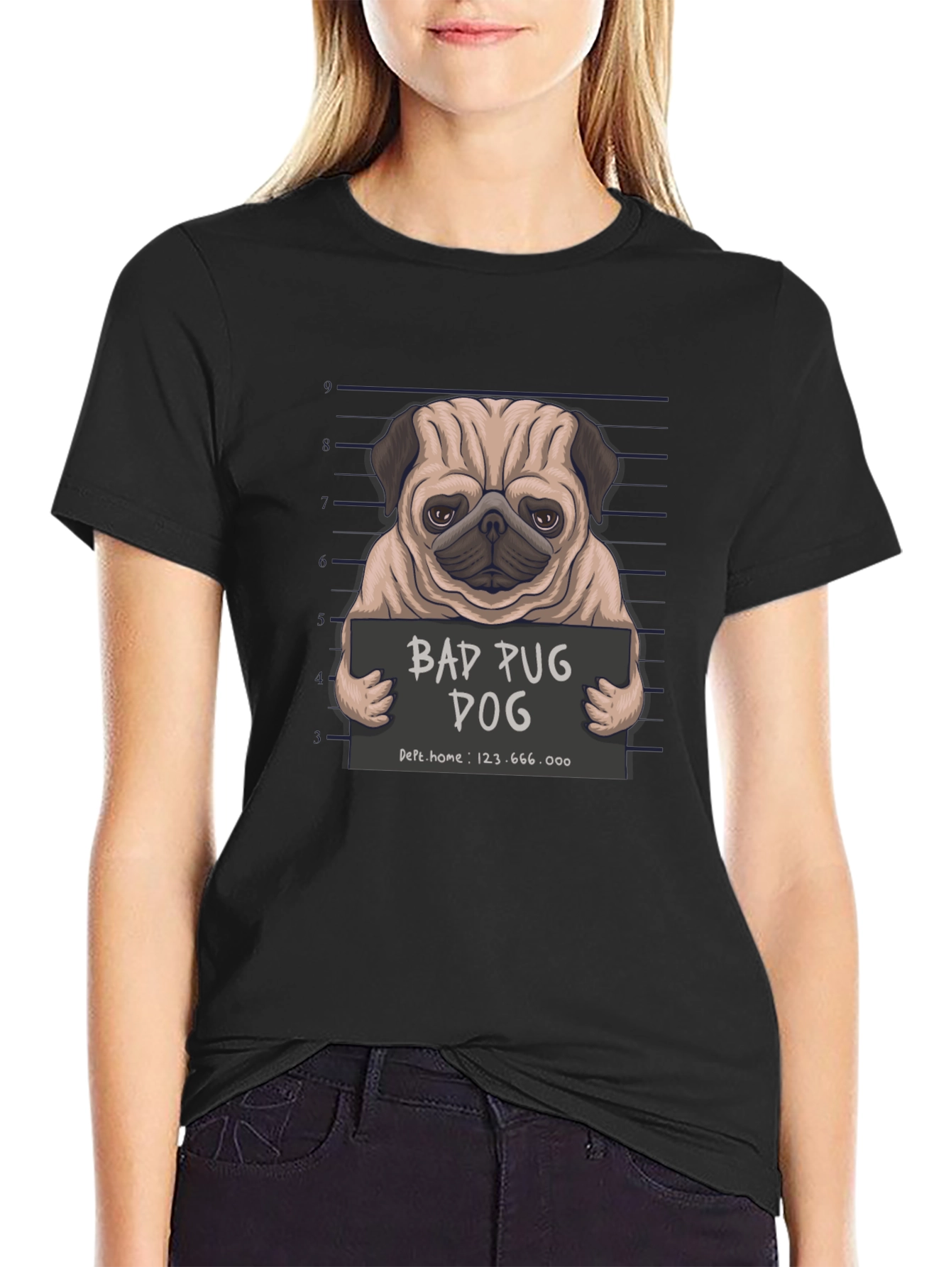 Black Bad Pug Dog T-Shirt - Funny Mugshot Design view 2