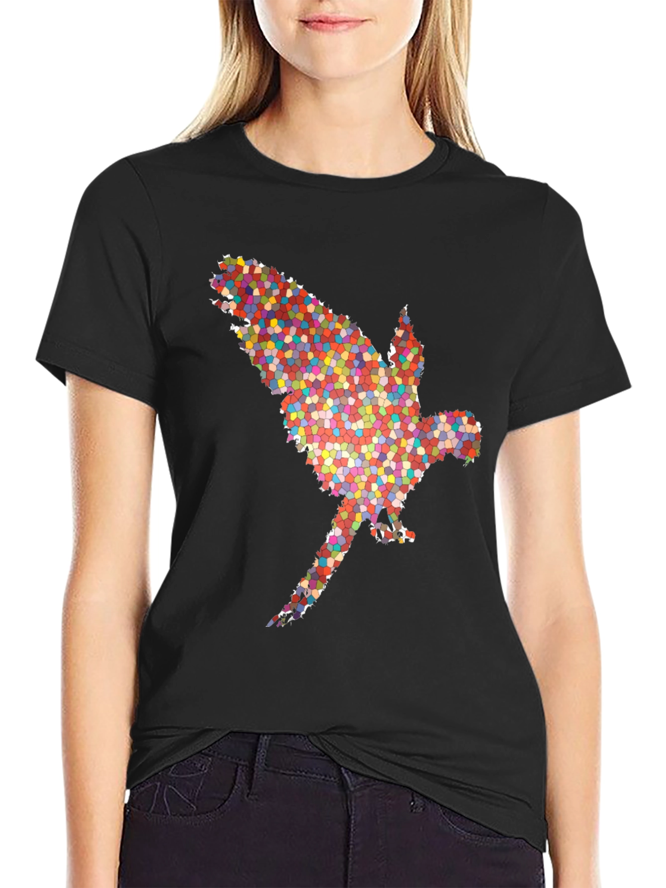 Black Abstract Parrot Graphic Tee - Black Cotton T-Shirt view 2