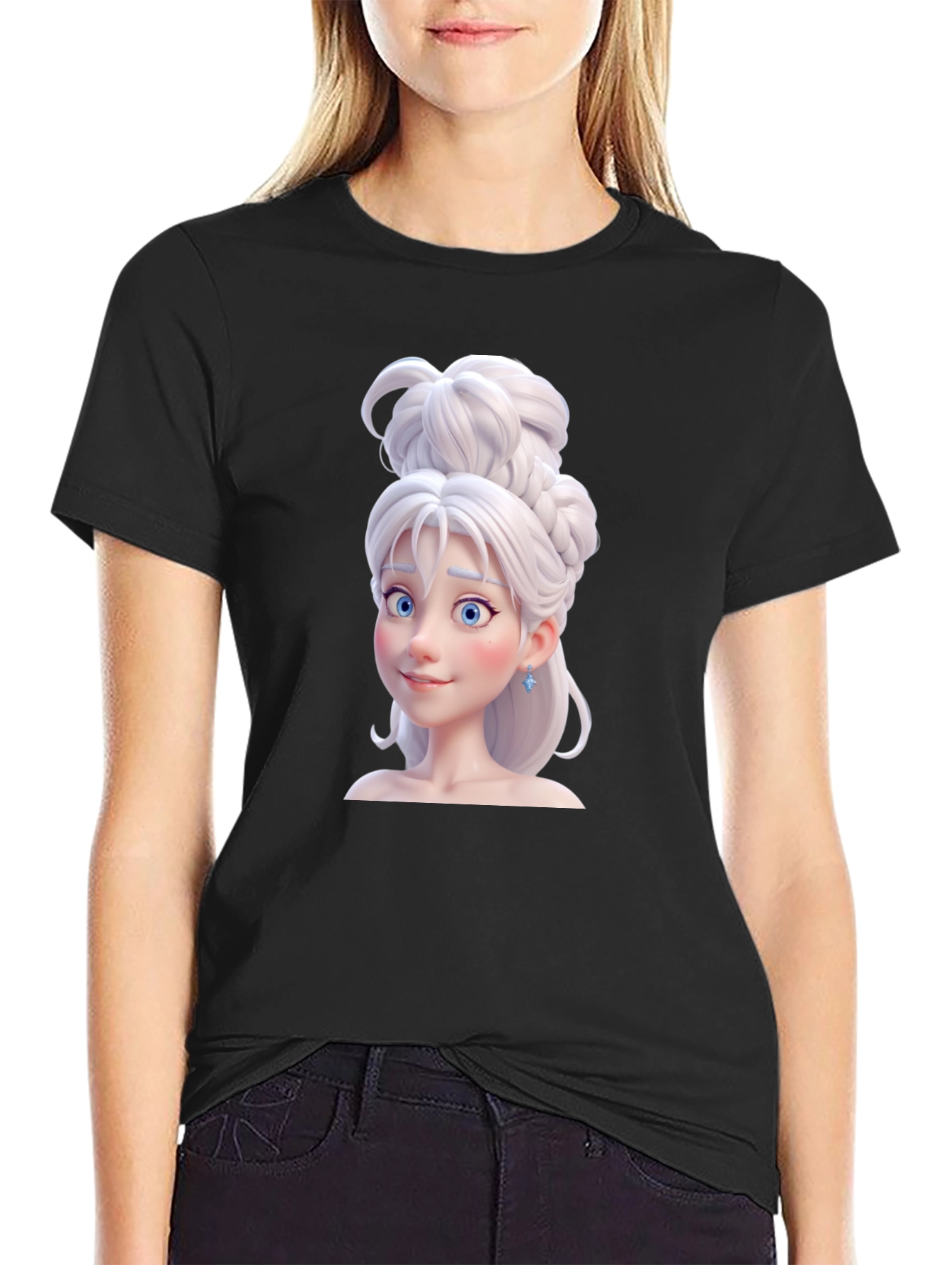 Black Cartoon Princess Graphic Tee - Black Cotton T-Shirt view 2