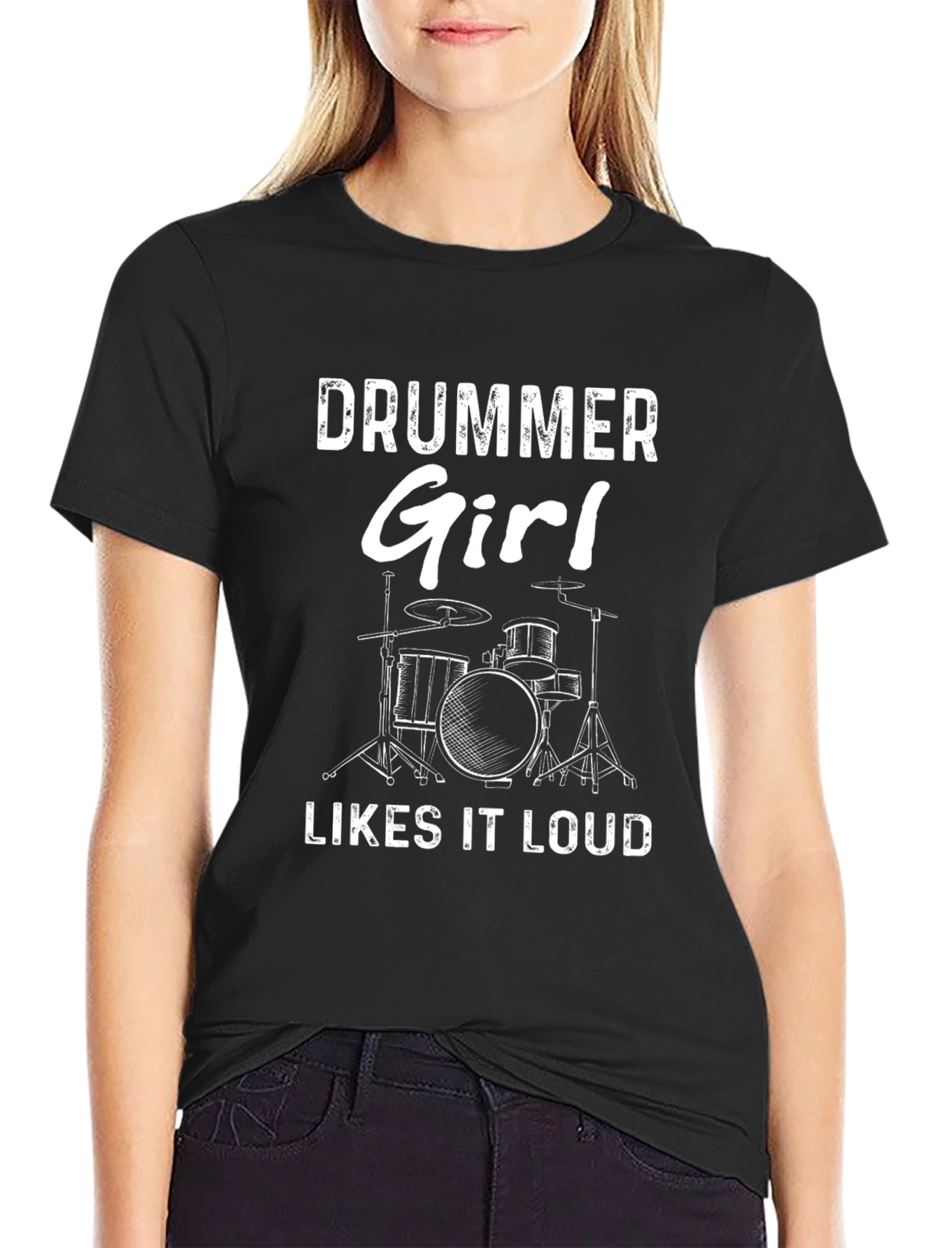 Black Drummer Girl Likes It Loud Black T-Shirt view 2