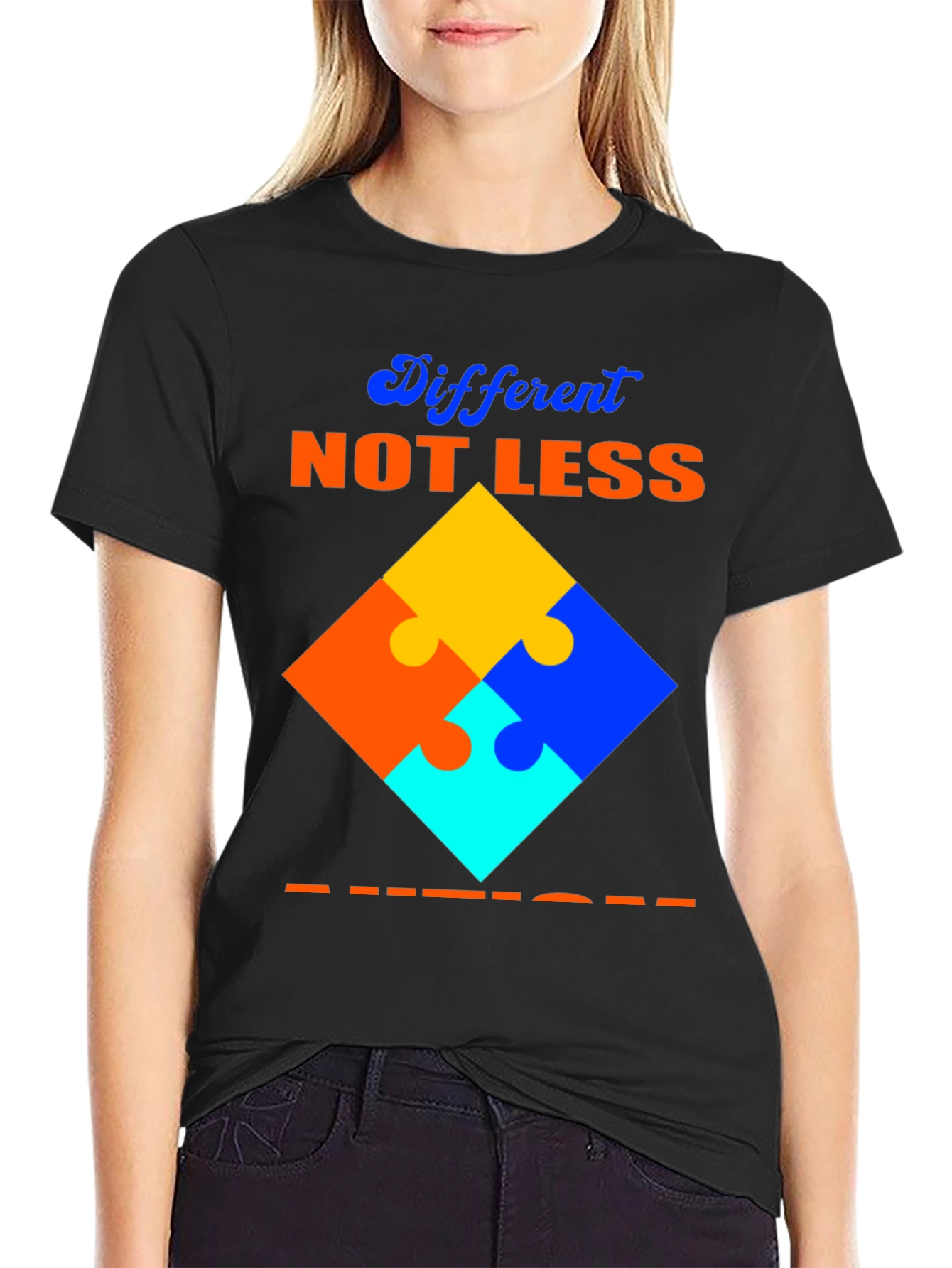 Black Autism Awareness T-Shirt Different Not Less Puzzle Design view 2