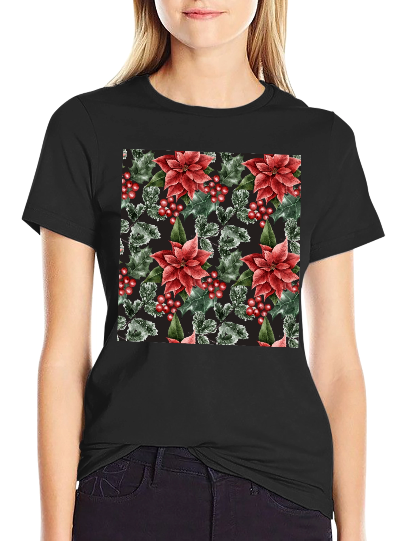 Black Festive Floral Holiday T-Shirt view 2
