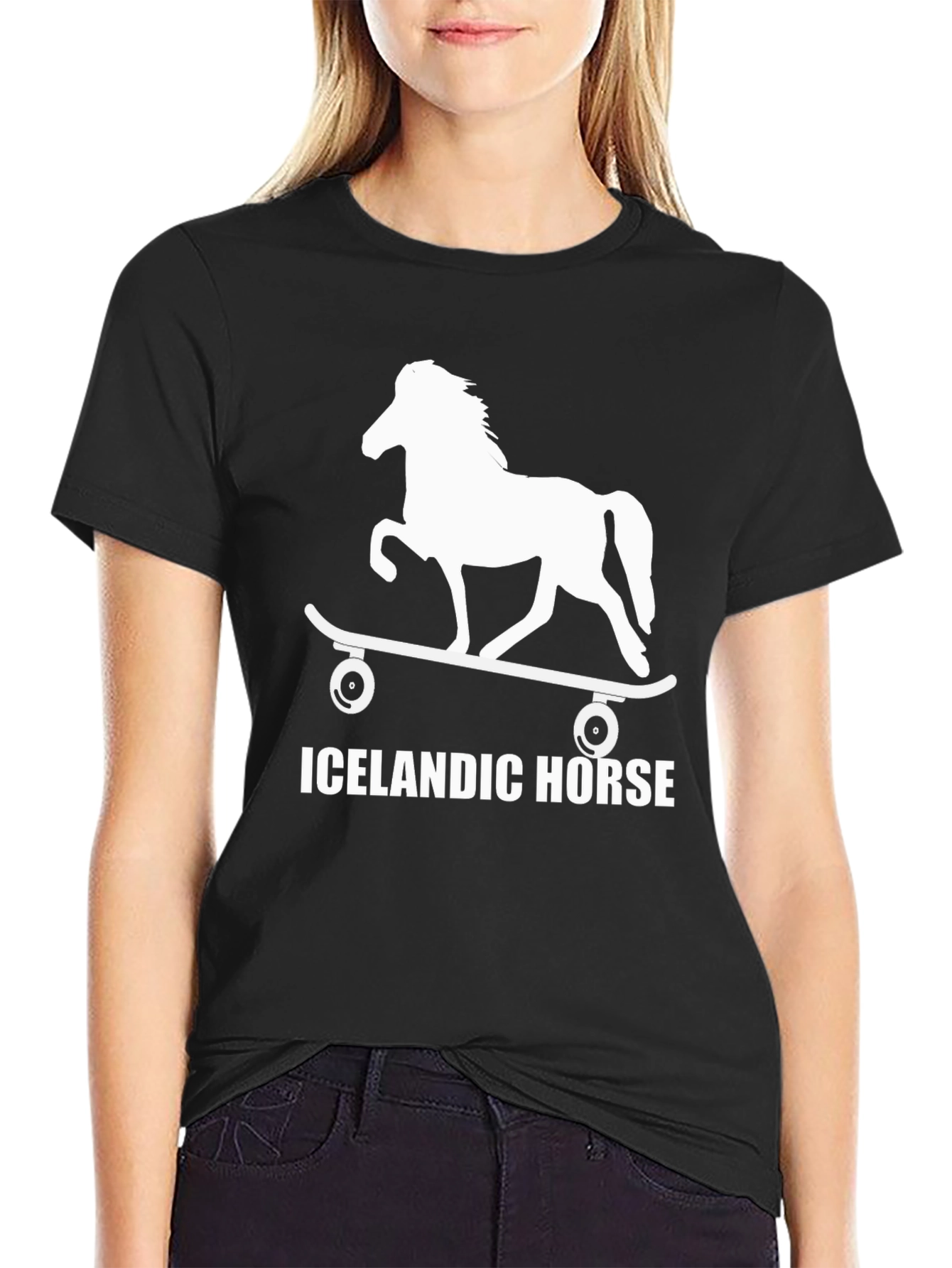 Black Icelandic Horse Skateboard T-Shirt - Unique Design view 2