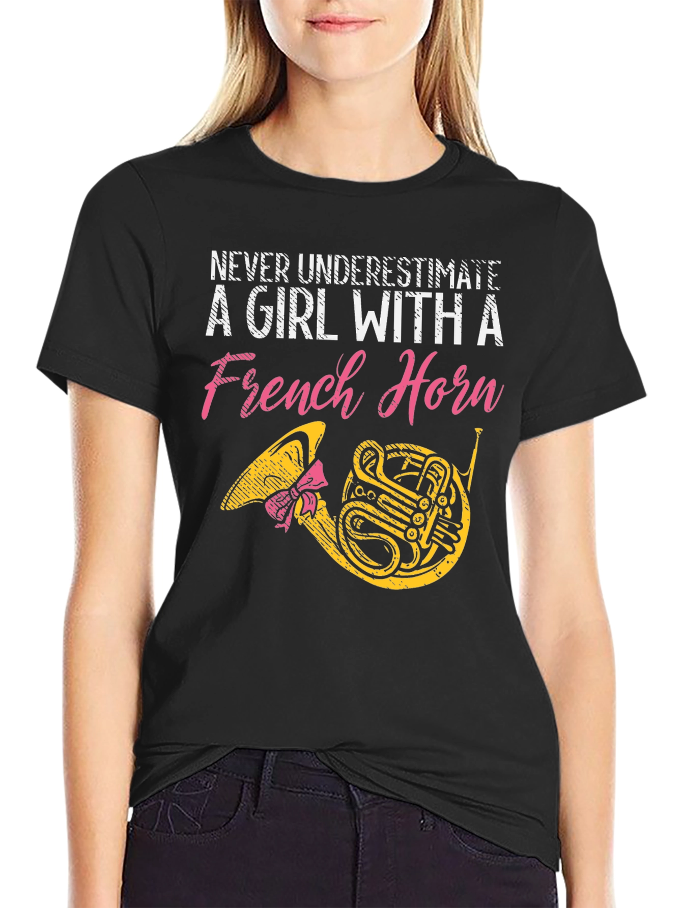 Black Never Underestimate a Girl with a French Horn T-Shirt view 2