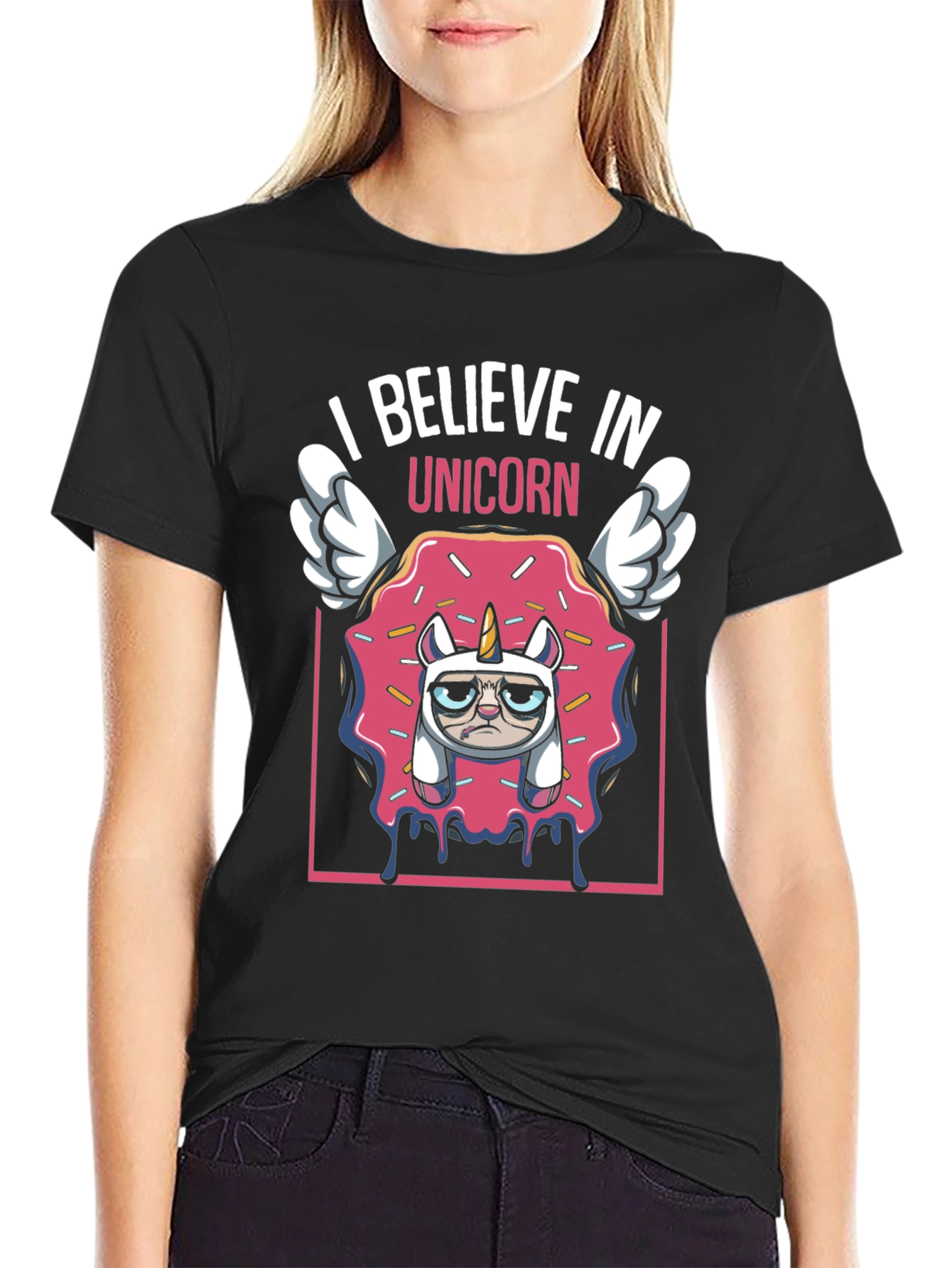 Black I Believe In Unicorn Funny Graphic T-Shirt view 2