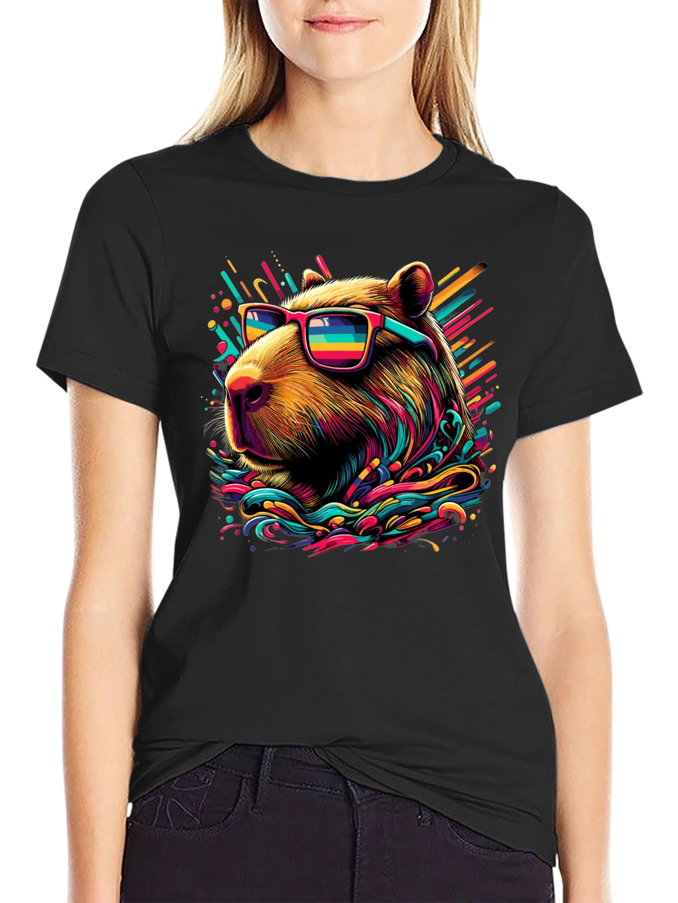 Black Cool Capybara Graphic Tee - Funky Animal Shirt view 2
