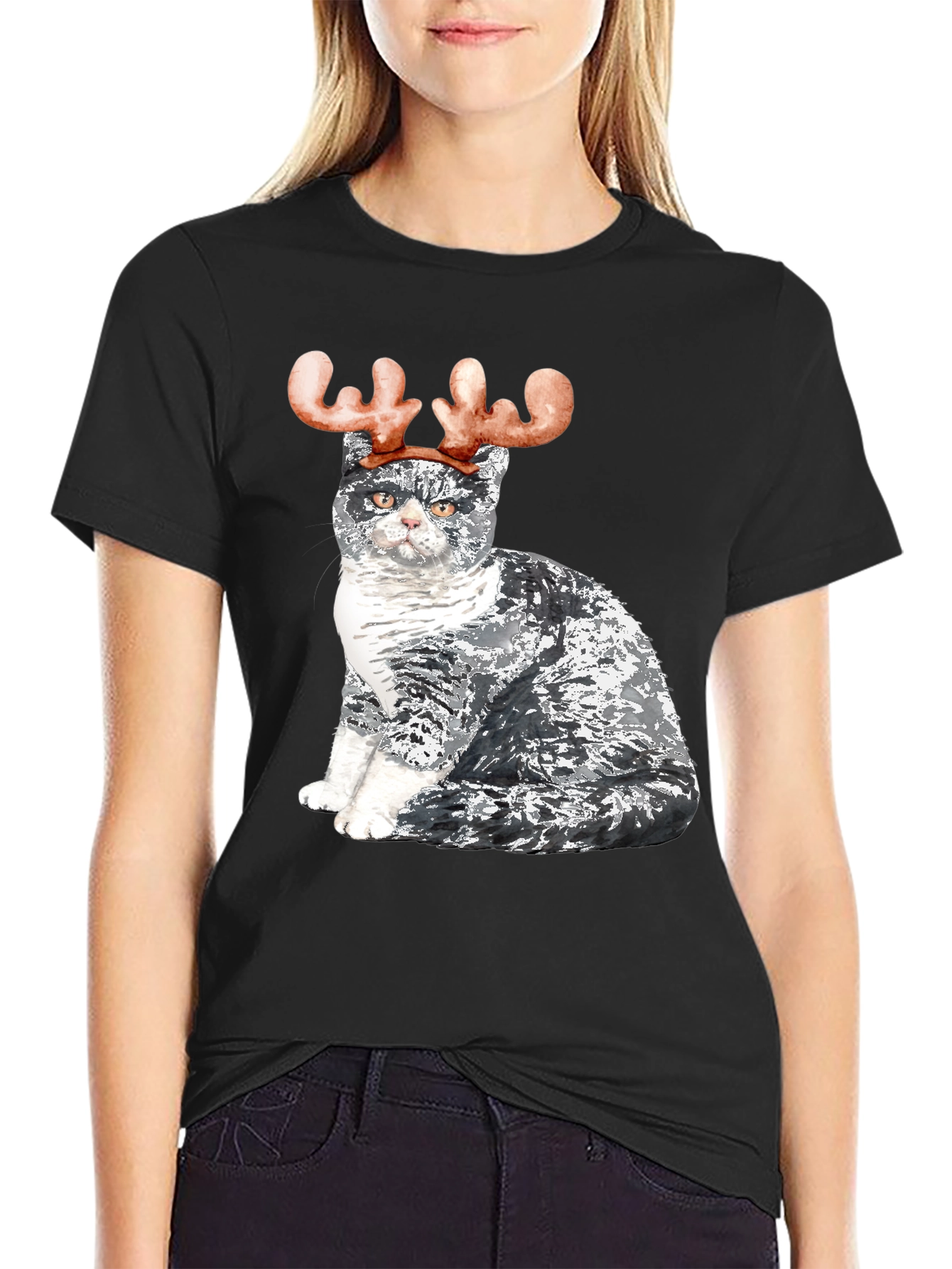 Black Cat with Reindeer Antlers T-Shirt view 2
