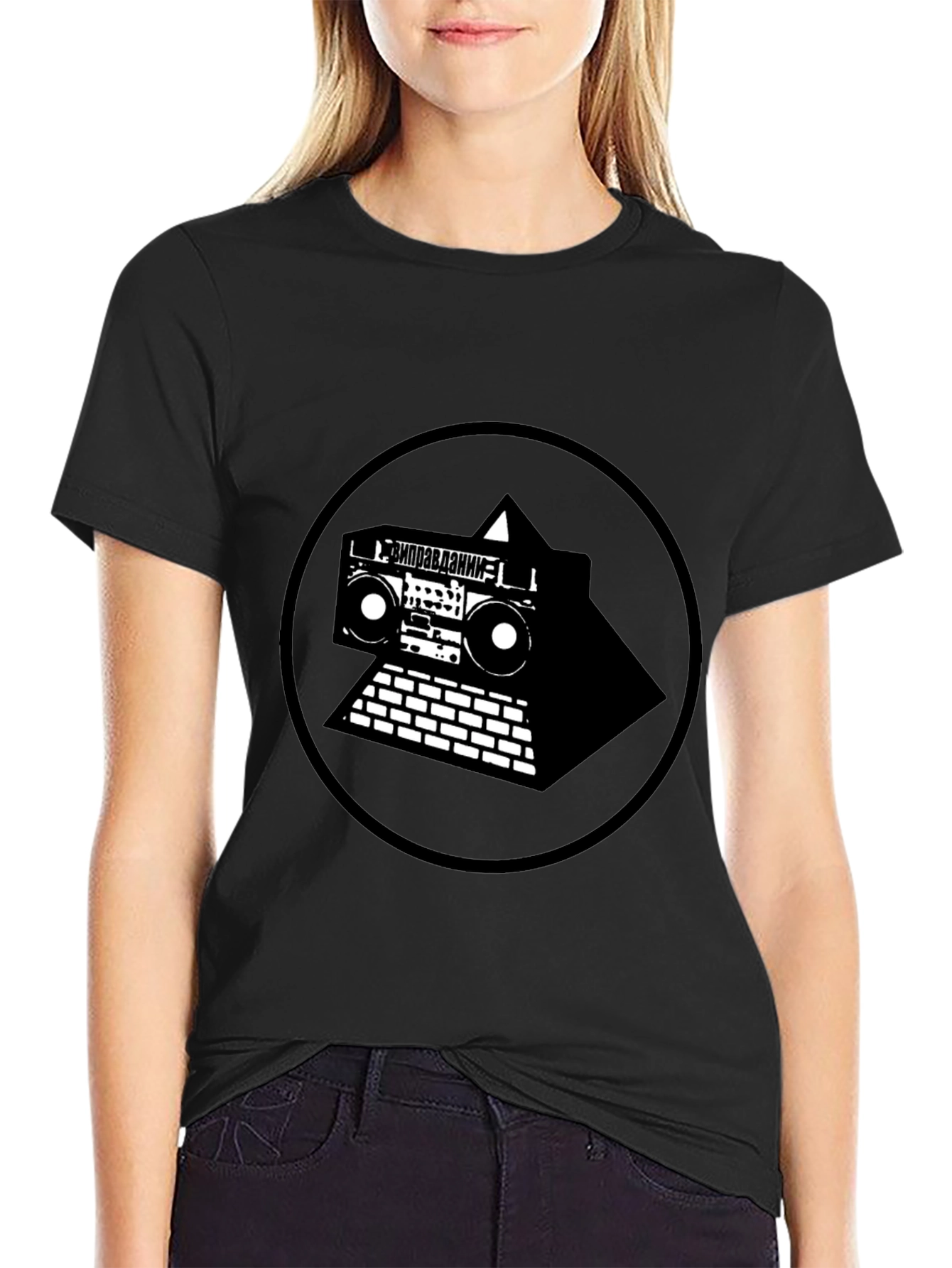 Black Black Graphic Tee with Boombox Pyramid Design view 2