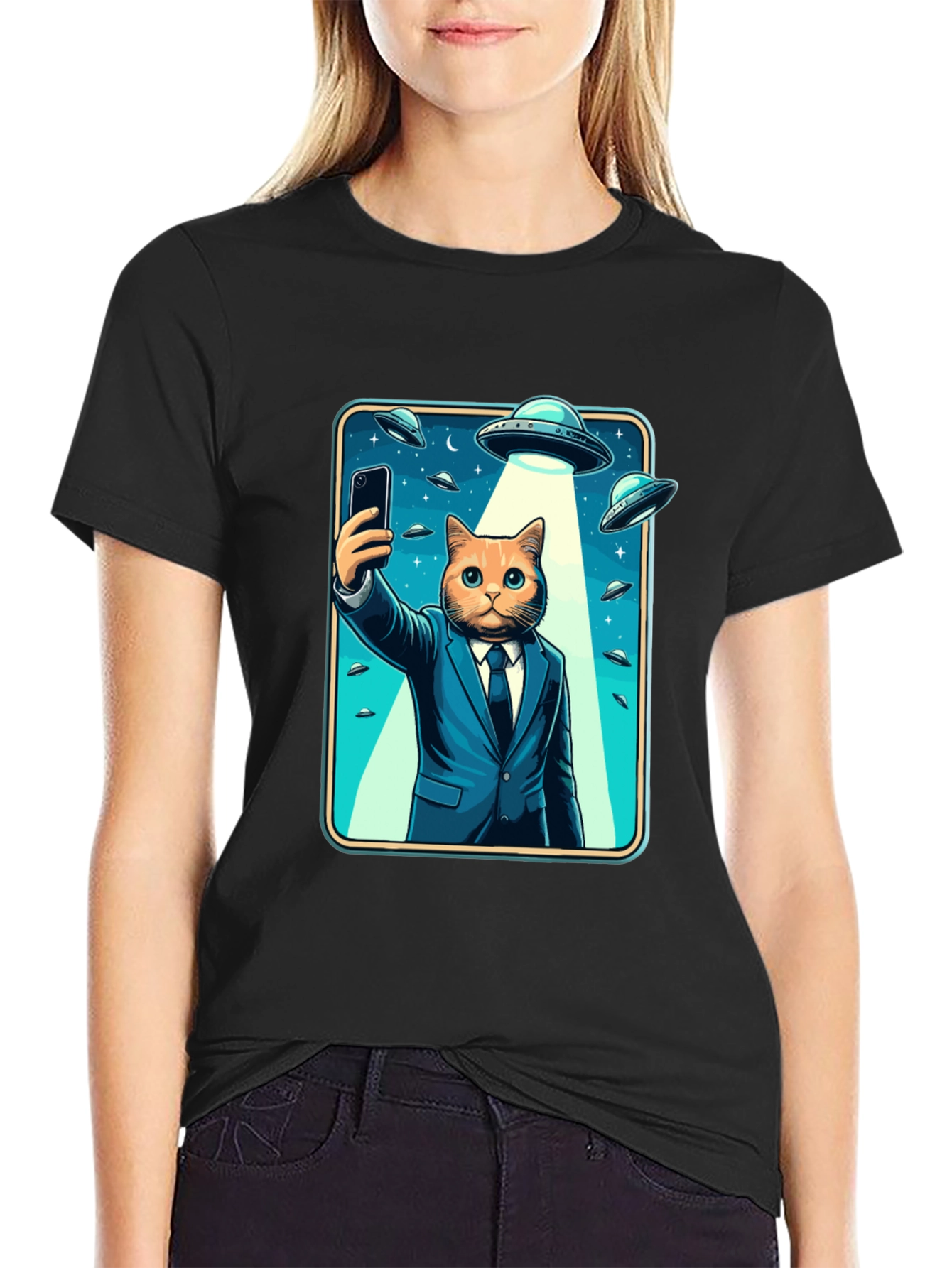 Black Cat in Suit UFO Selfie Graphic T-Shirt view 2