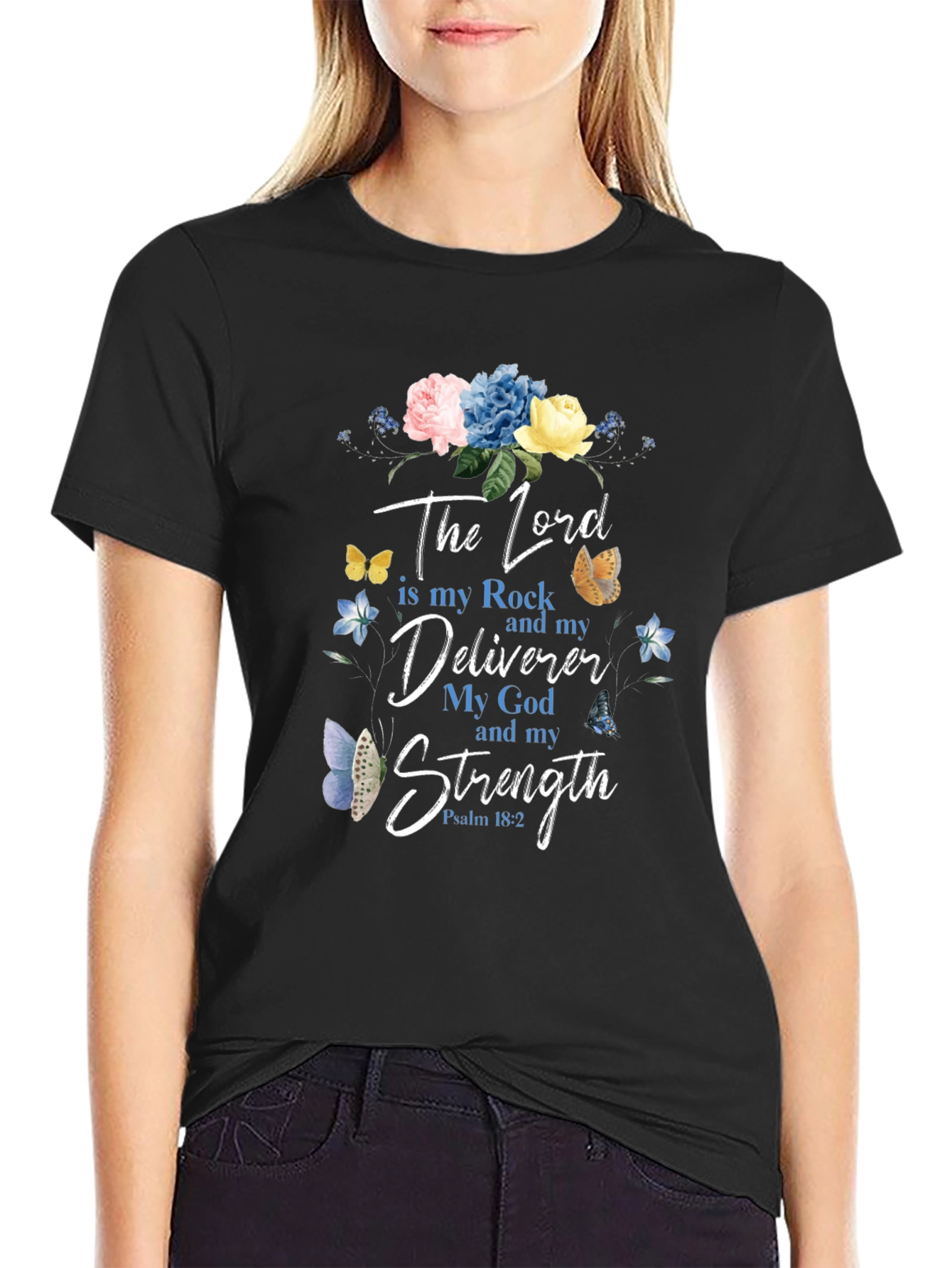 Black Faith-Inspired Floral T-Shirt: The Lord is My Strength view 2