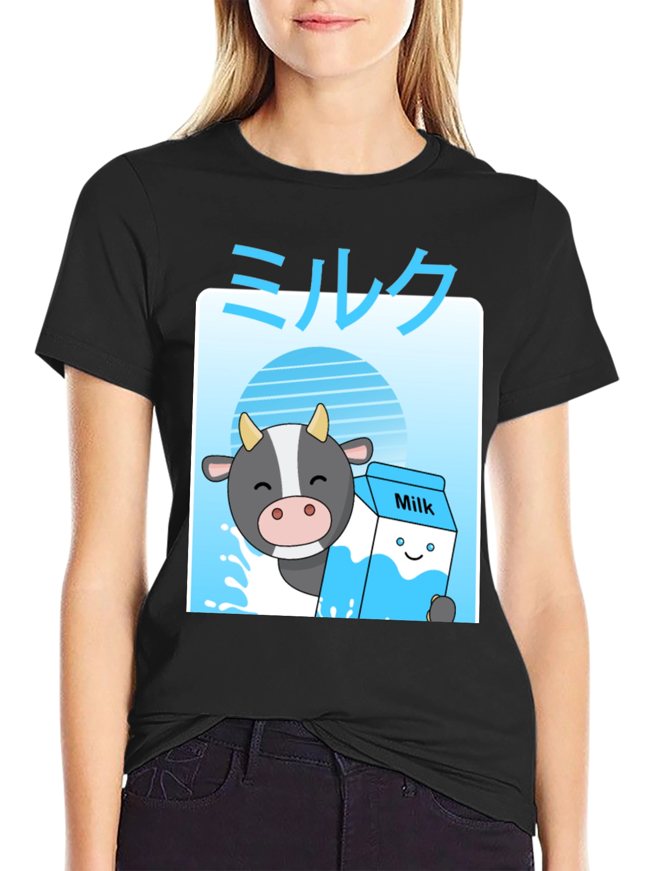 Black Kawaii Milk T-Shirt - Anime Cow Cute Graphic Tee view 2