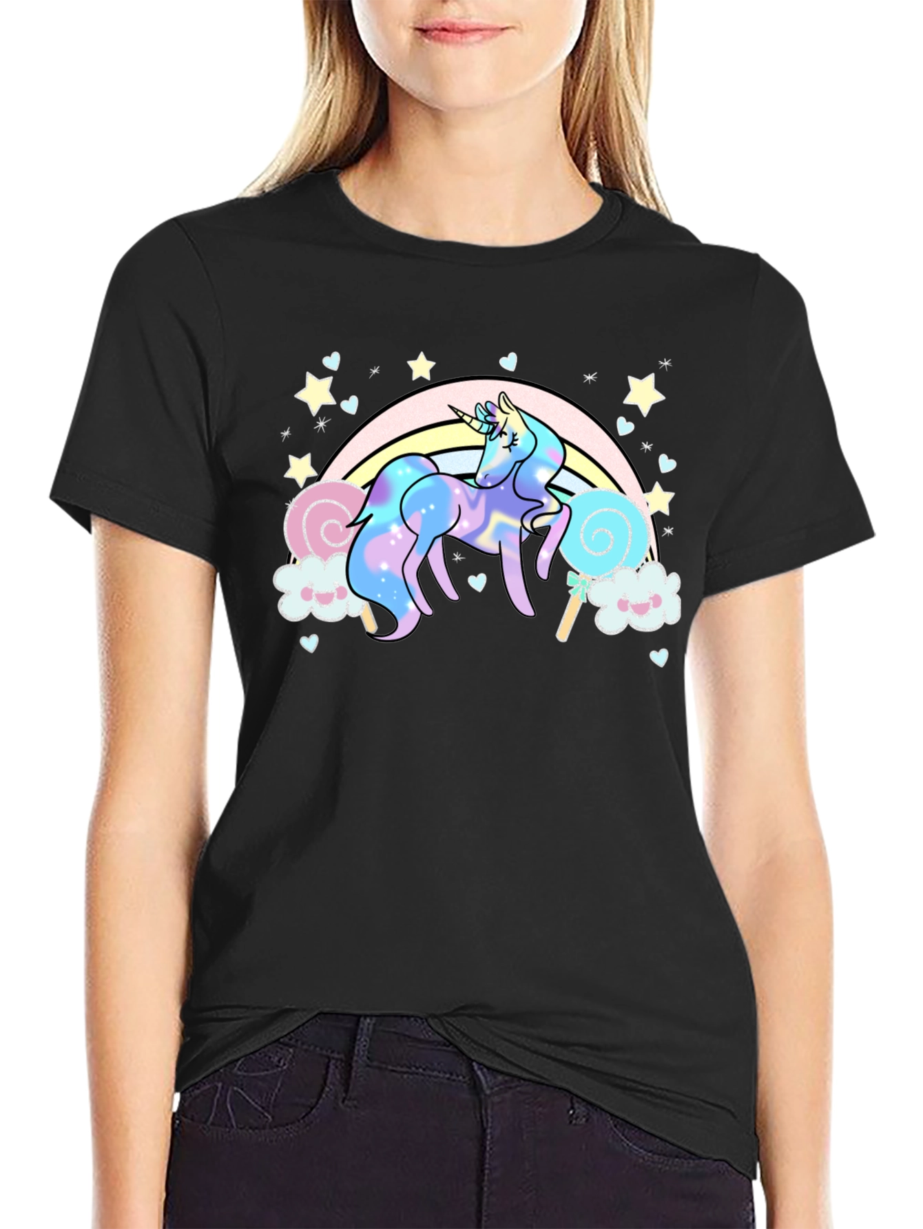 Black Unicorn Rainbow T-Shirt, Black Cotton Tee view 2