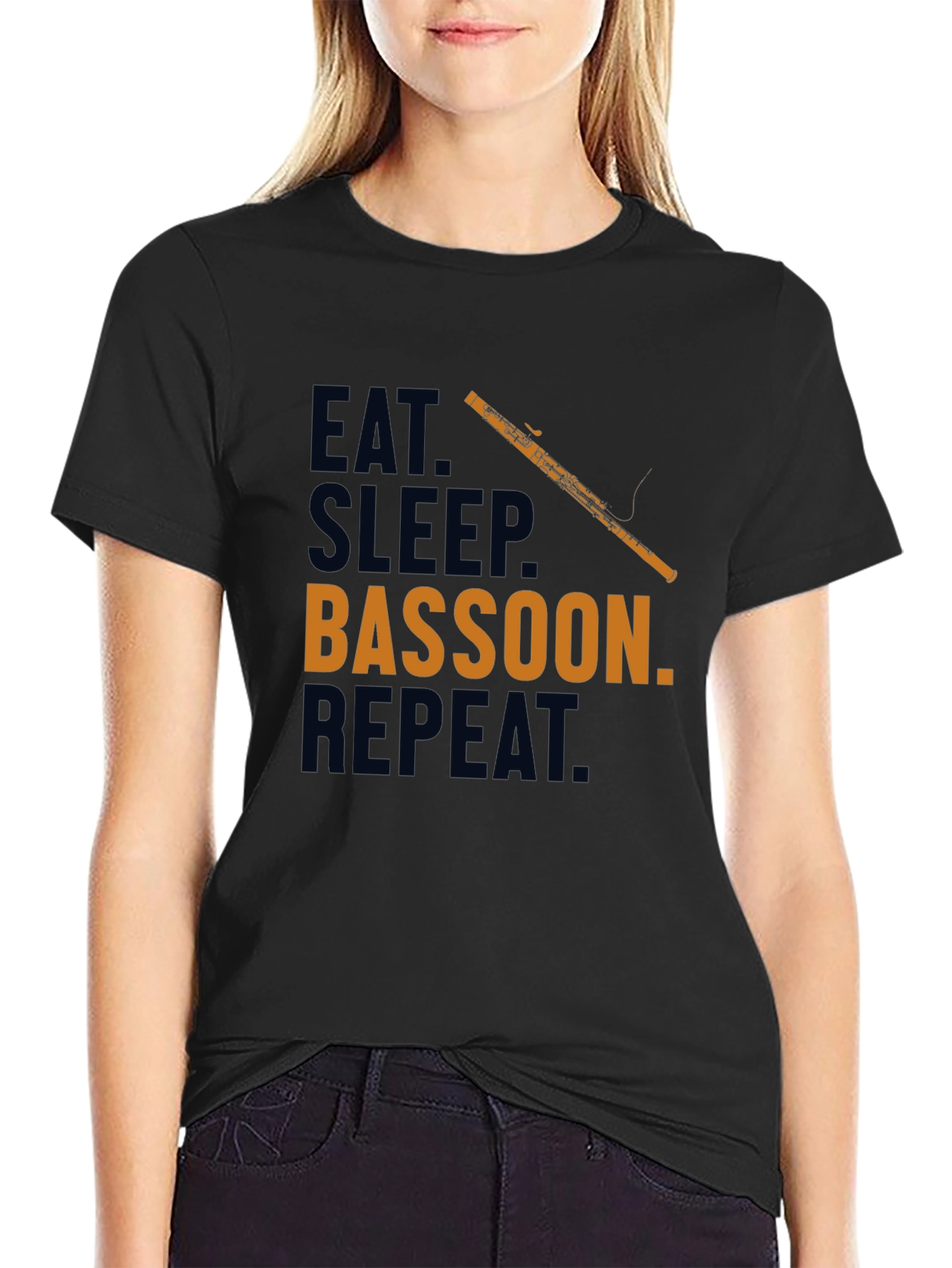 Black Eat Sleep Bassoon Repeat T-Shirt Funny Musician Tee view 2