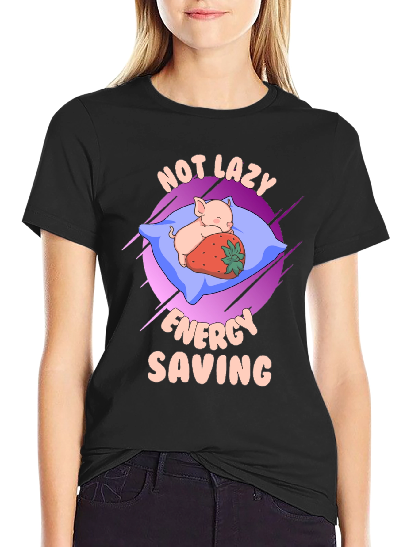 Black Cute Pig Sleeping T-Shirt - Not Lazy, Energy Saving view 2