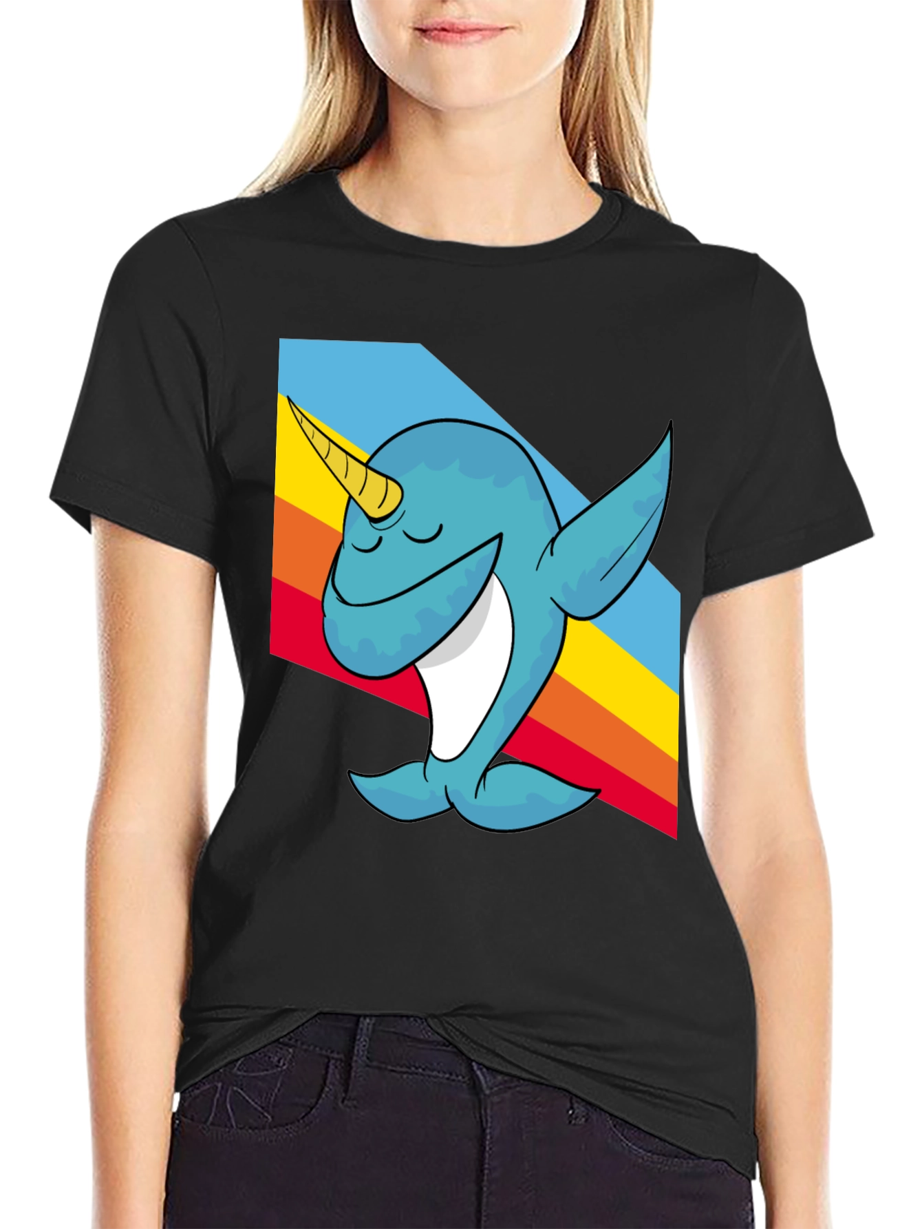 Black Narwhal Dabbing T-Shirt - Fun Cartoon Tee view 2