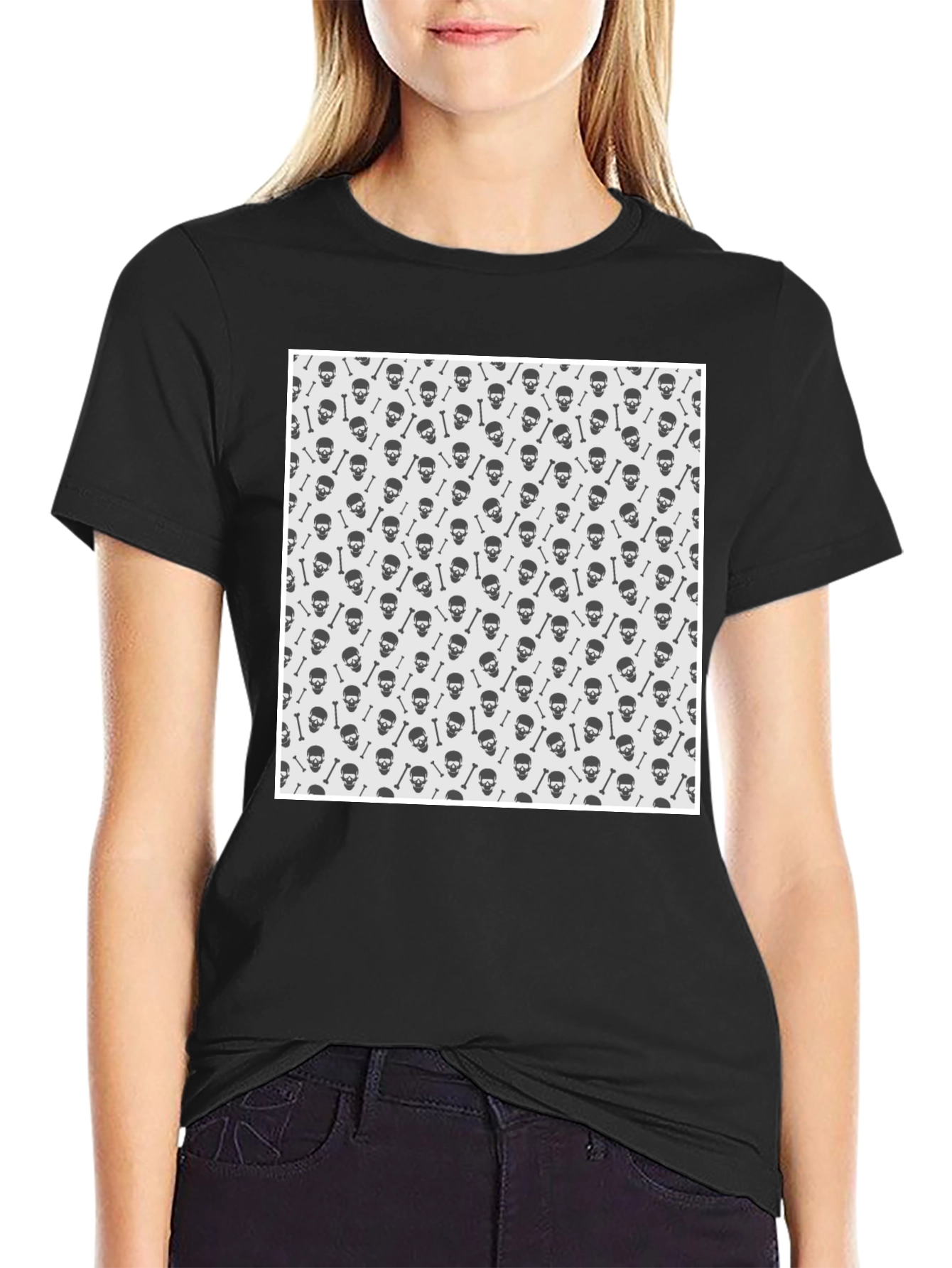 Black Skull & Bones Pattern T-Shirt - Classic Black Tee view 2