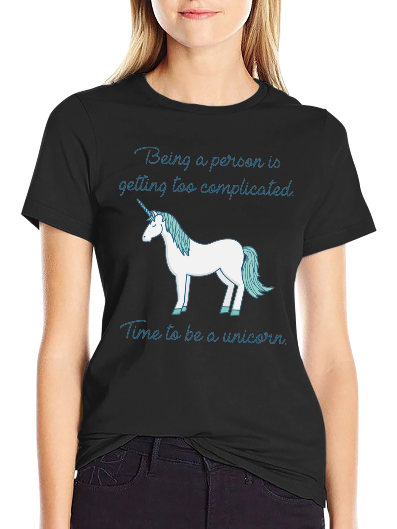 Black Funny Unicorn T-Shirt: Being a Person is Too Complicated view 2