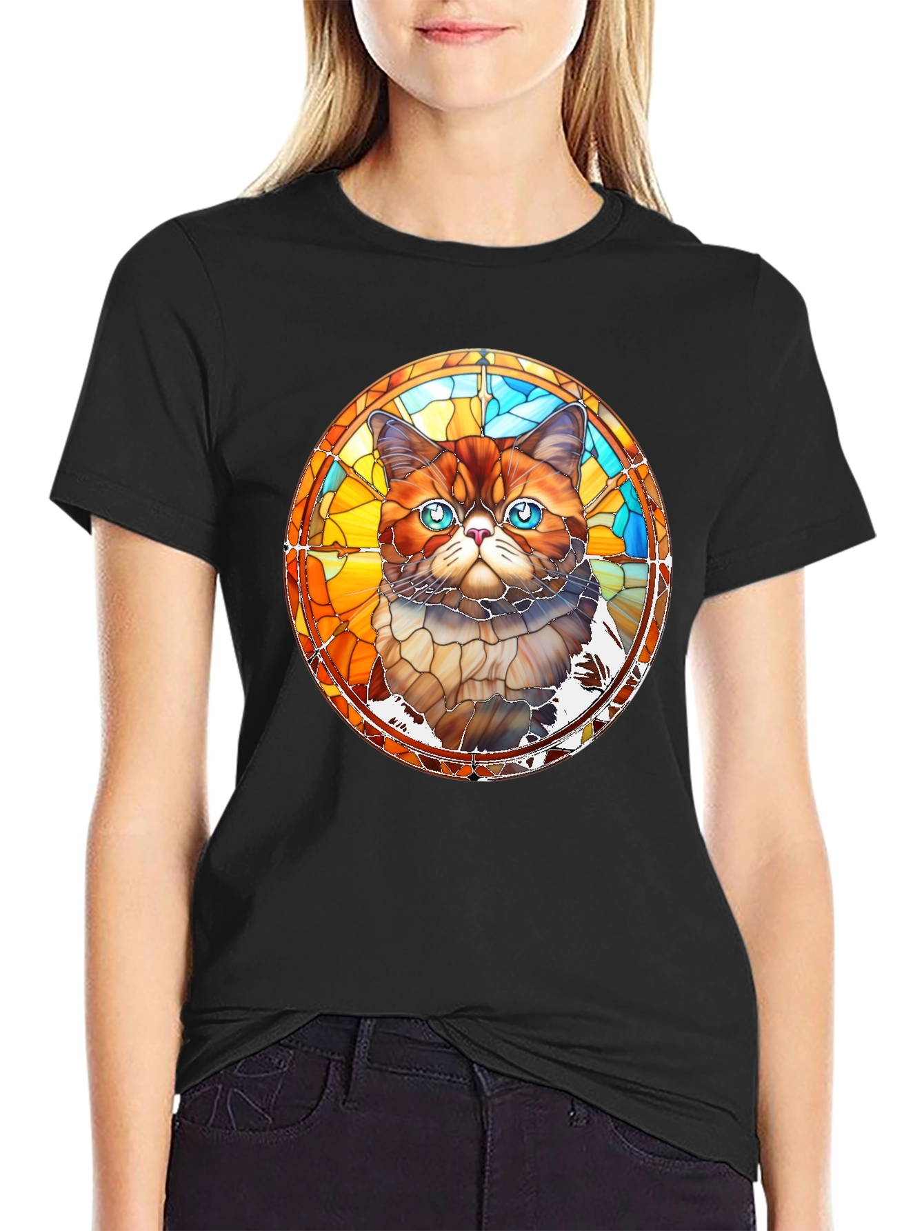 Black Stained Glass Cat Graphic Black T-Shirt view 2