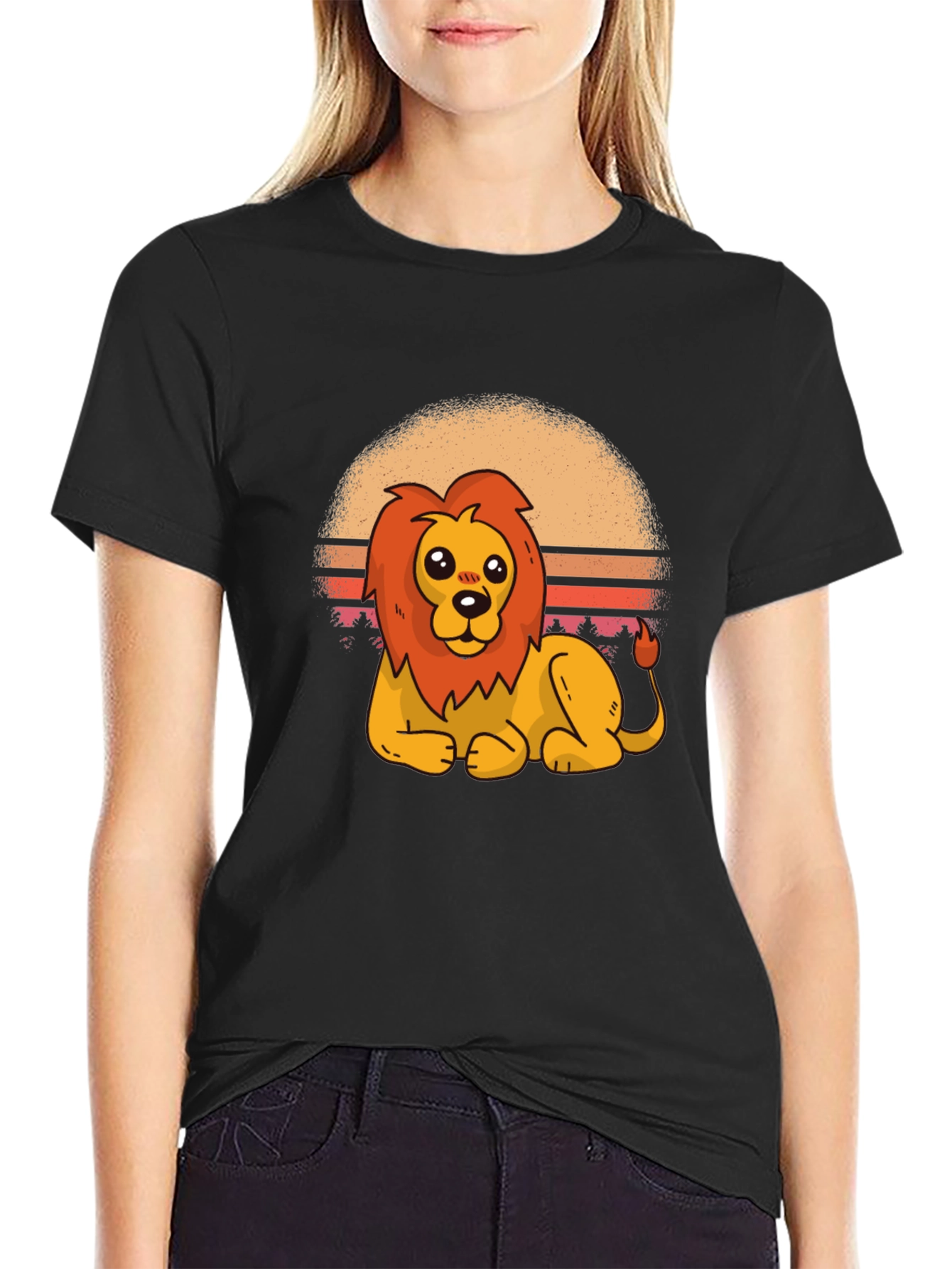 Black Cartoon Lion Graphic Tee - Black Cotton T-Shirt view 2
