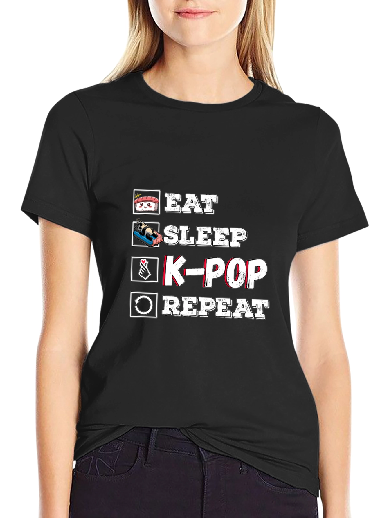 Black Eat Sleep K-Pop Repeat Black Graphic Tee view 2