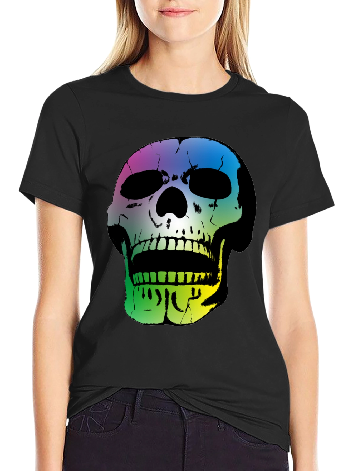 Black Rainbow Skull Graphic Black T-Shirt view 2