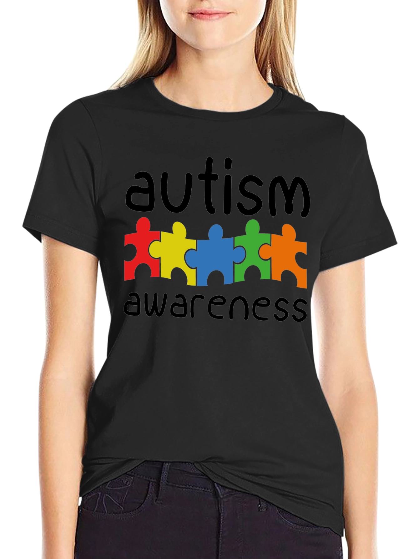 Black Autism Awareness Puzzle Piece Graphic T-Shirt view 2