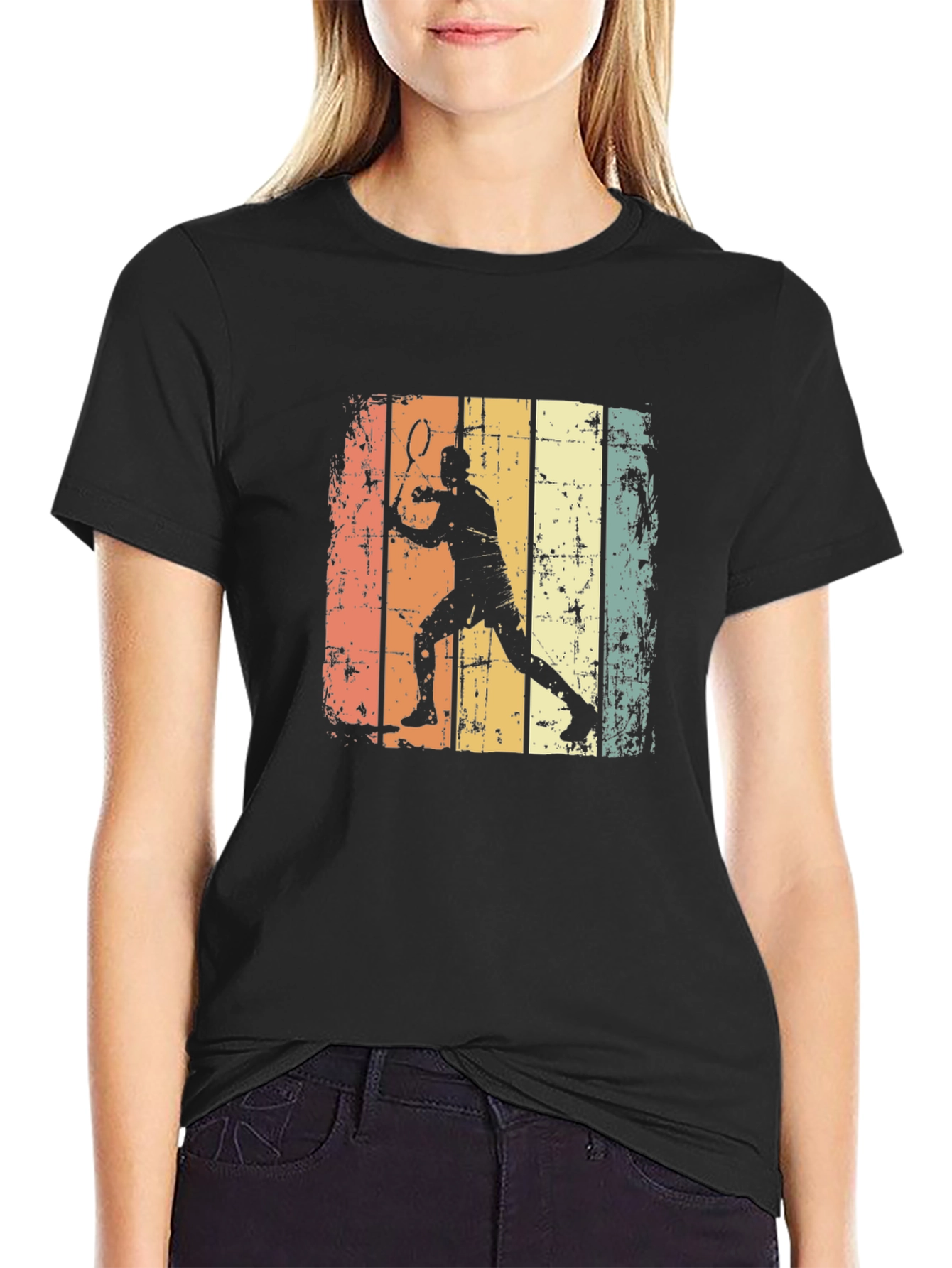 Black Retro Badminton Player Graphic Tee view 2