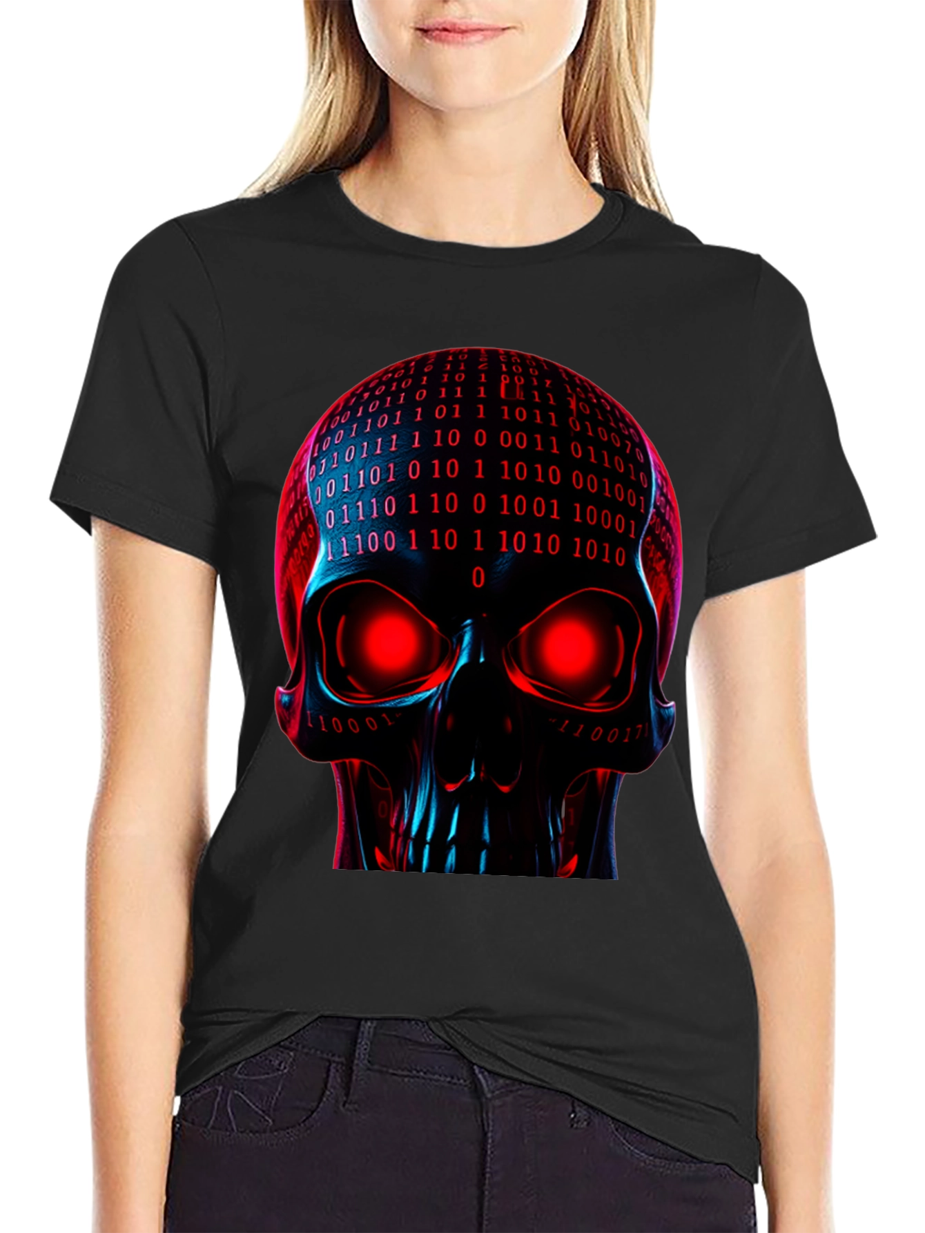 Black Cyber Skull Graphic Tee - Binary Code Skull view 2