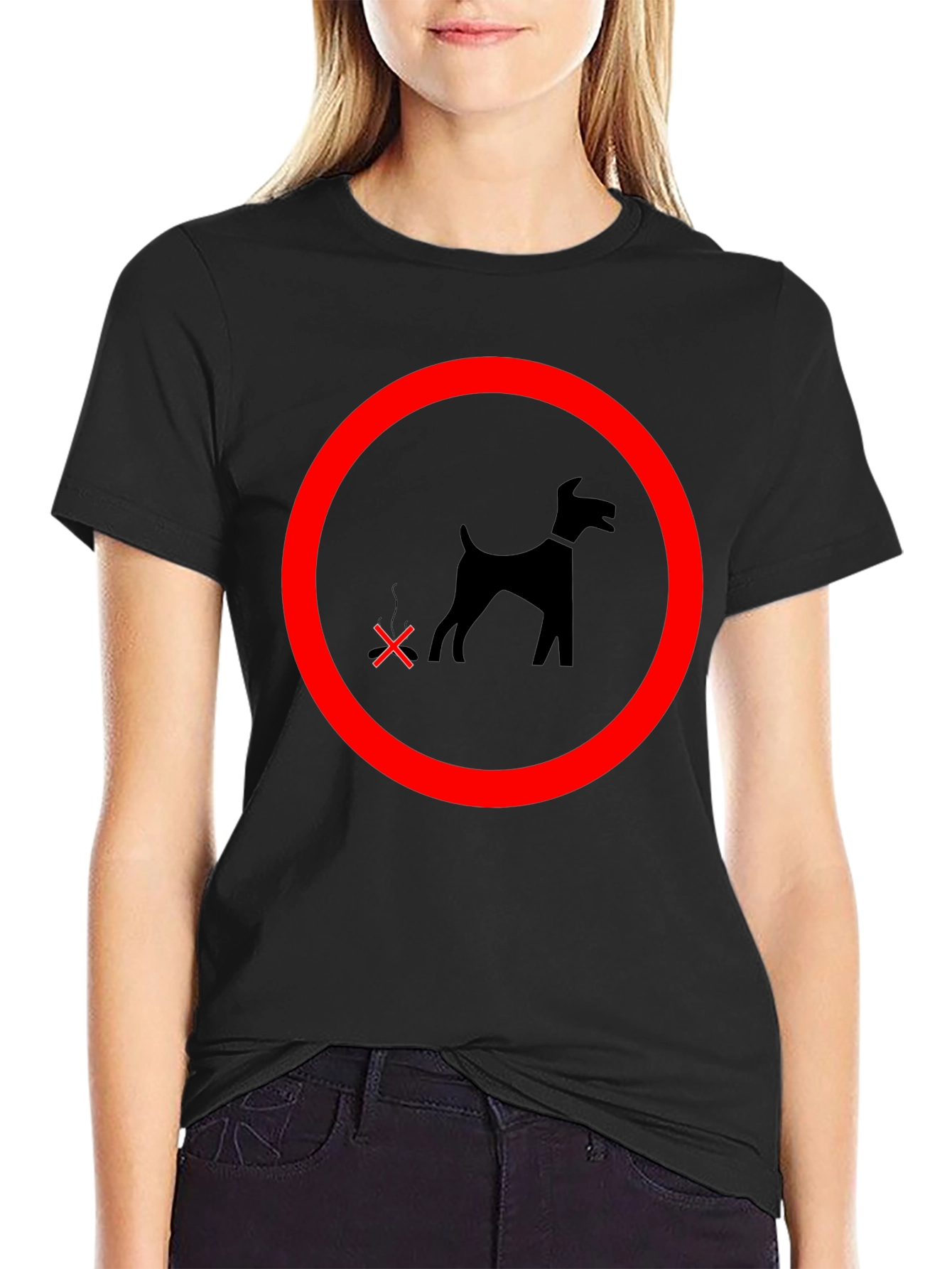 Black Funny No Dog Pooping T-Shirt view 2