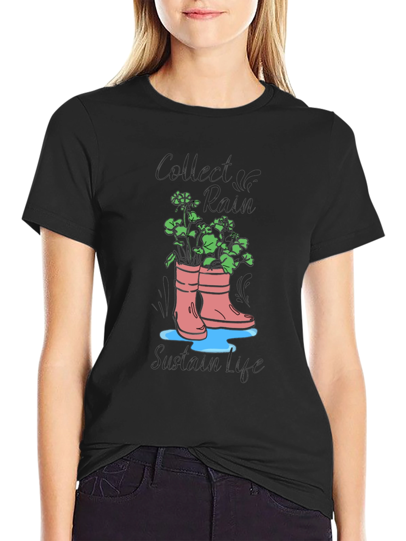 Black Rain Boots Graphic T-Shirt - Collect Rain, Sustain Life view 2