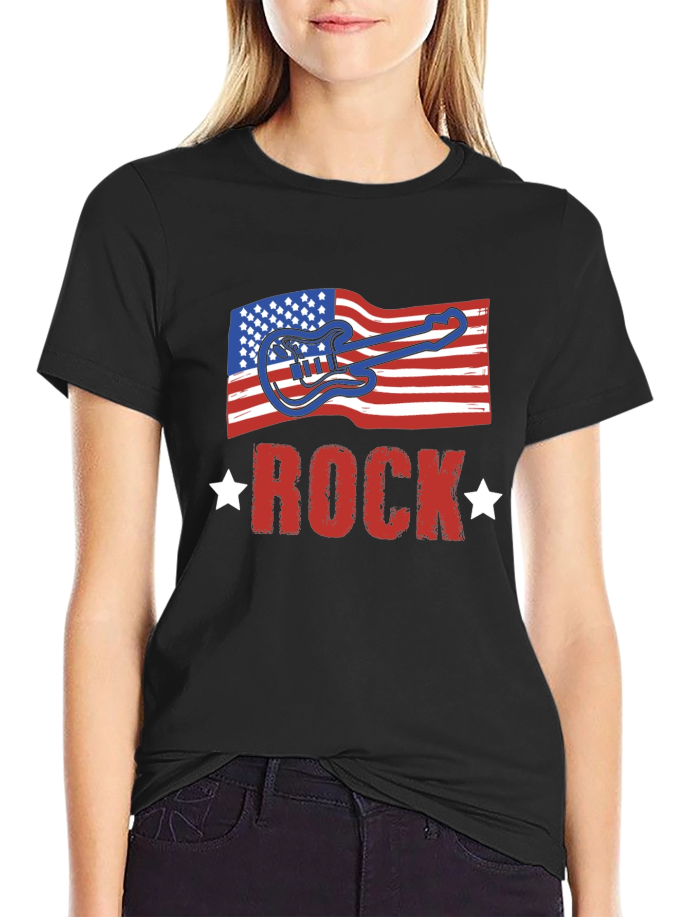 Black American Flag Rock Guitar Black T-Shirt view 2