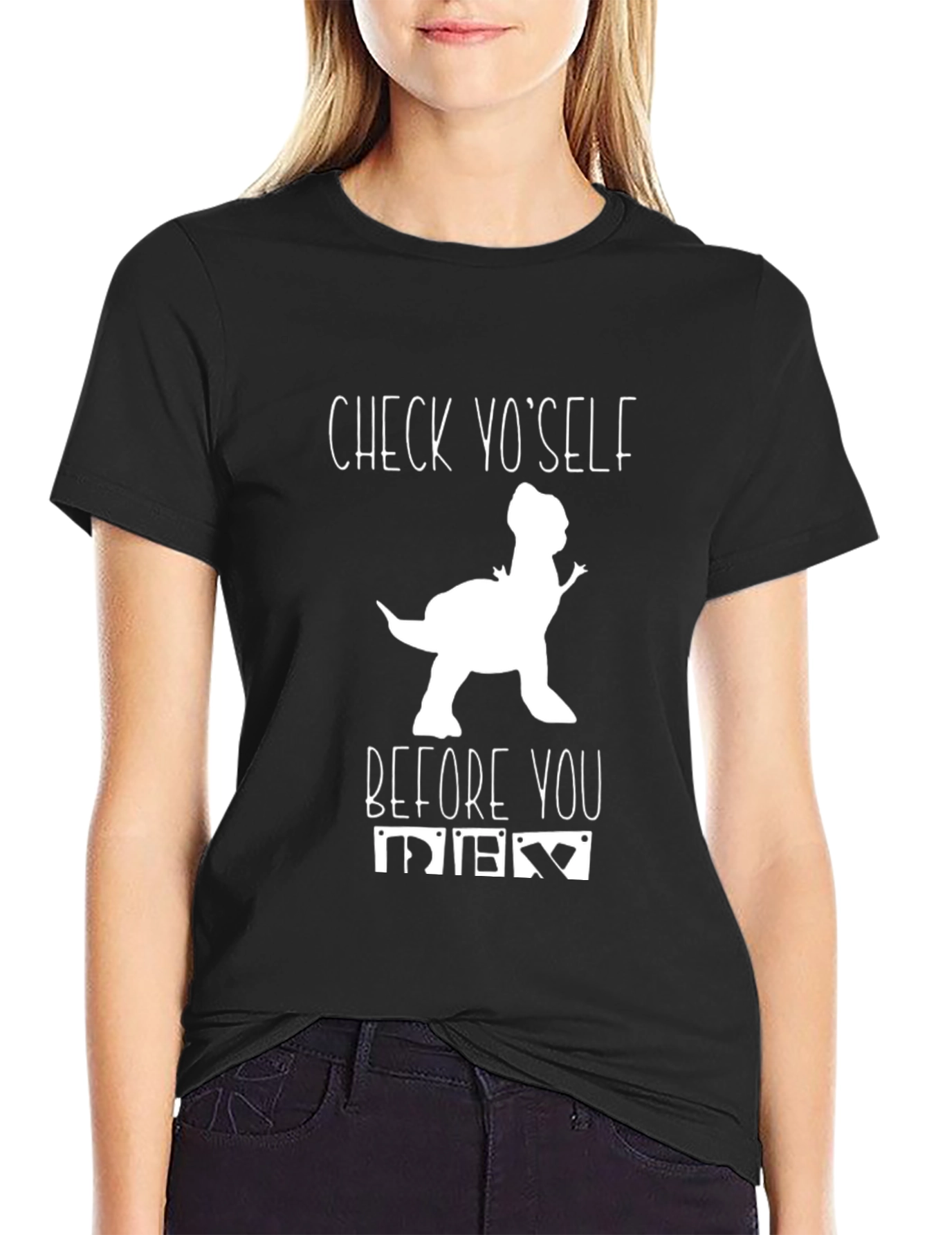 Check Yo' Self Dinosaur Graphic Black T-Shirt - 2