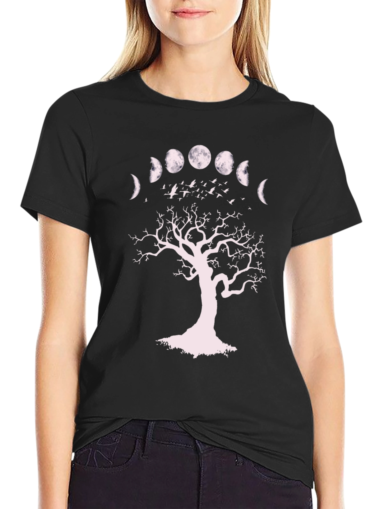 Black Moon Phases Tree Graphic Tee - Unisex Black T-Shirt view 2