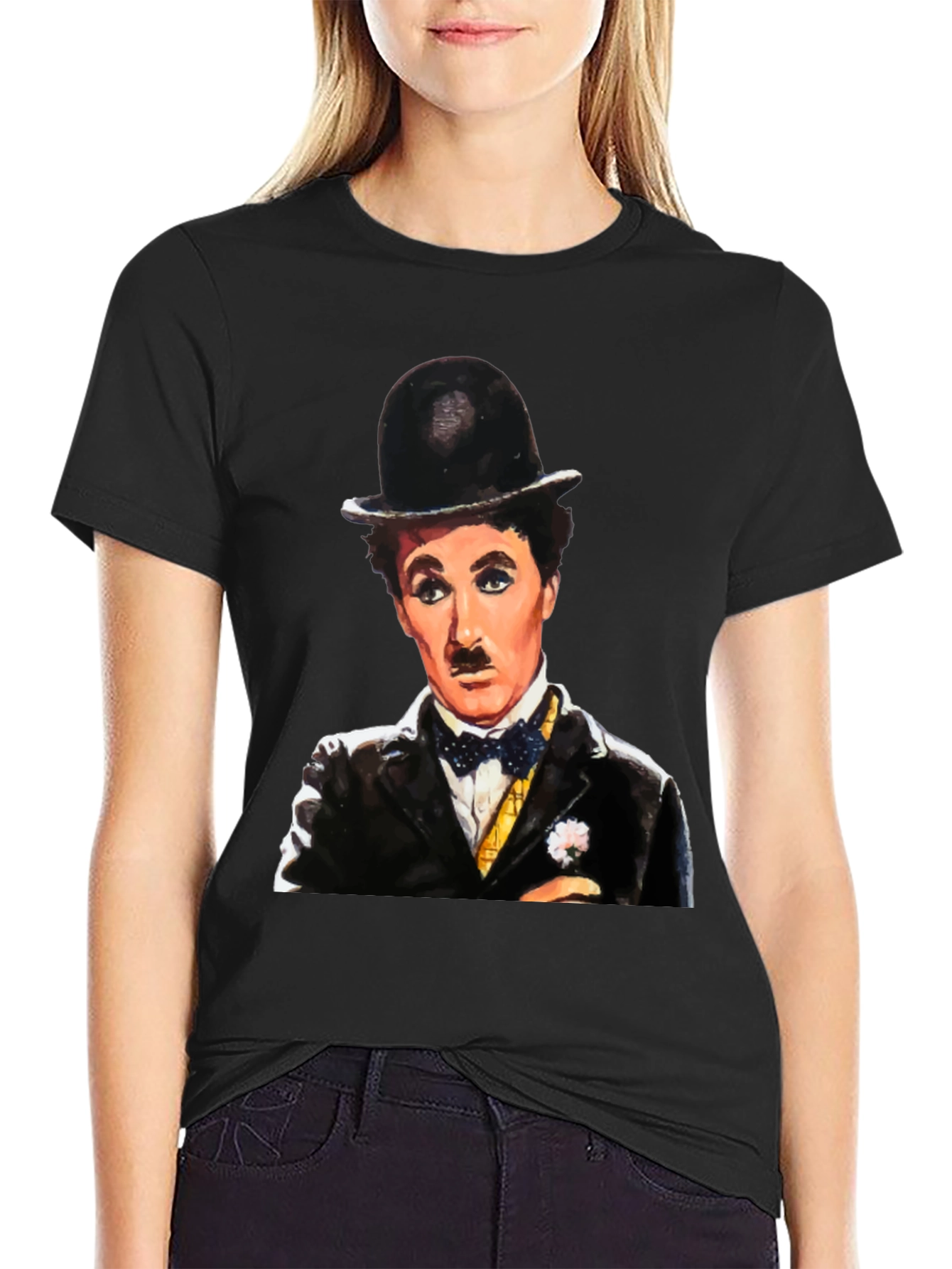 Black Charlie Chaplin Graphic Tee - Classic Film Icon T-Shirt view 2