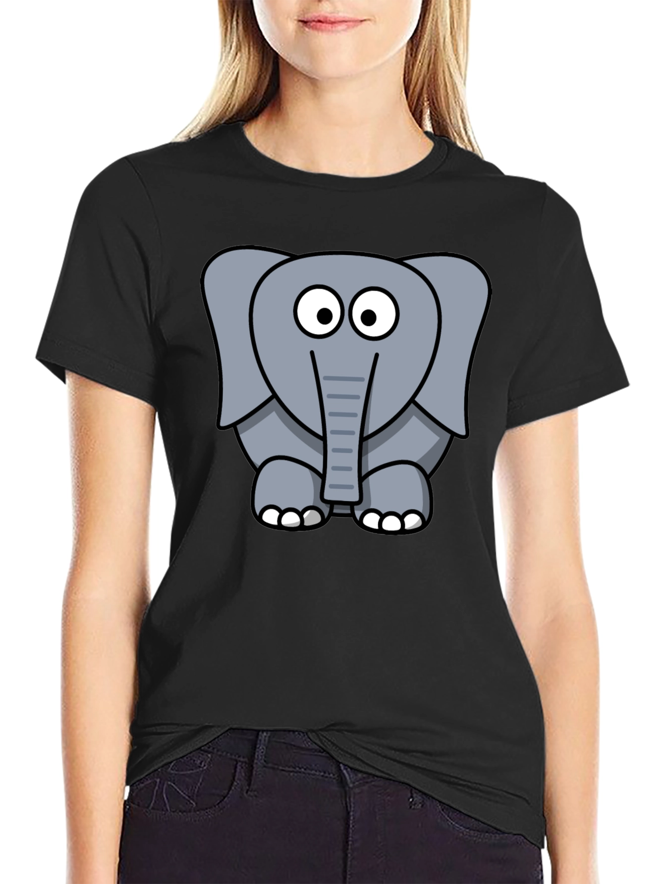 Cartoon Elephant Graphic Black T-Shirt - 2