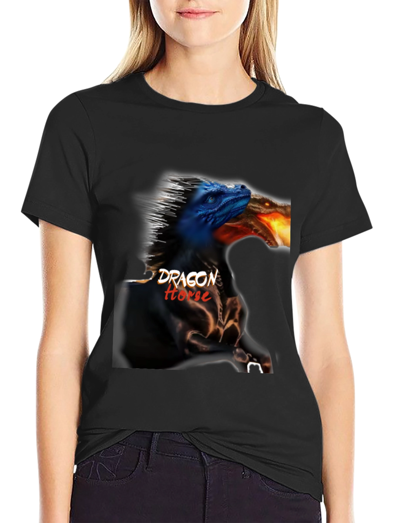 Black Dragon Horse Graphic Tee - Black Cotton T-Shirt view 2