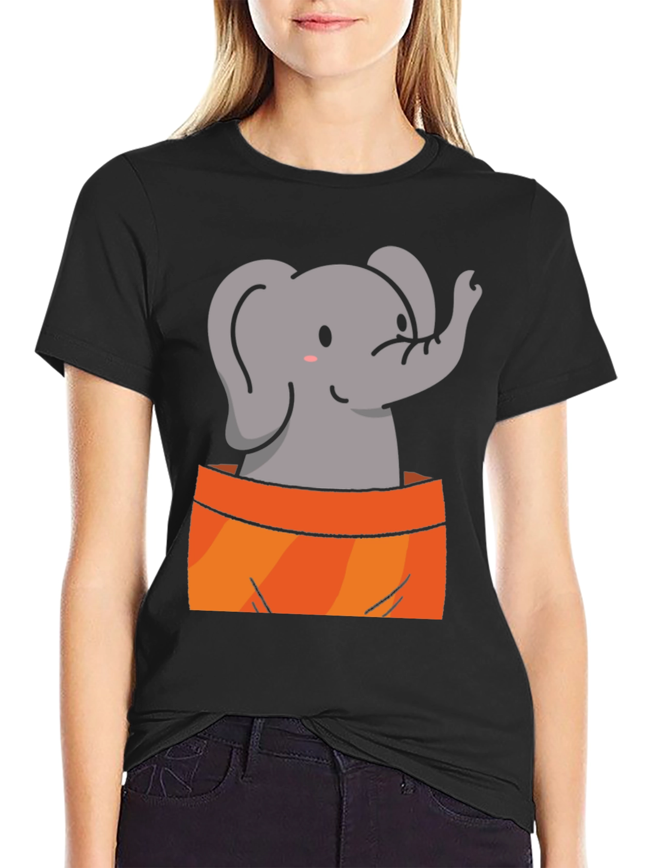 Black Cute Elephant Graphic Tee - Soft Black Cotton Shirt view 2