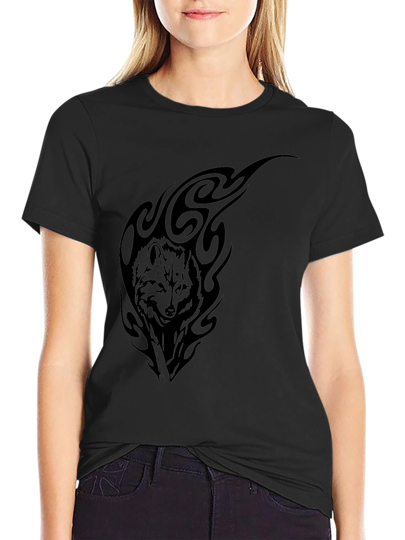 Black Wolf Tribal Graphic Tee - Black Cotton T-Shirt view 2