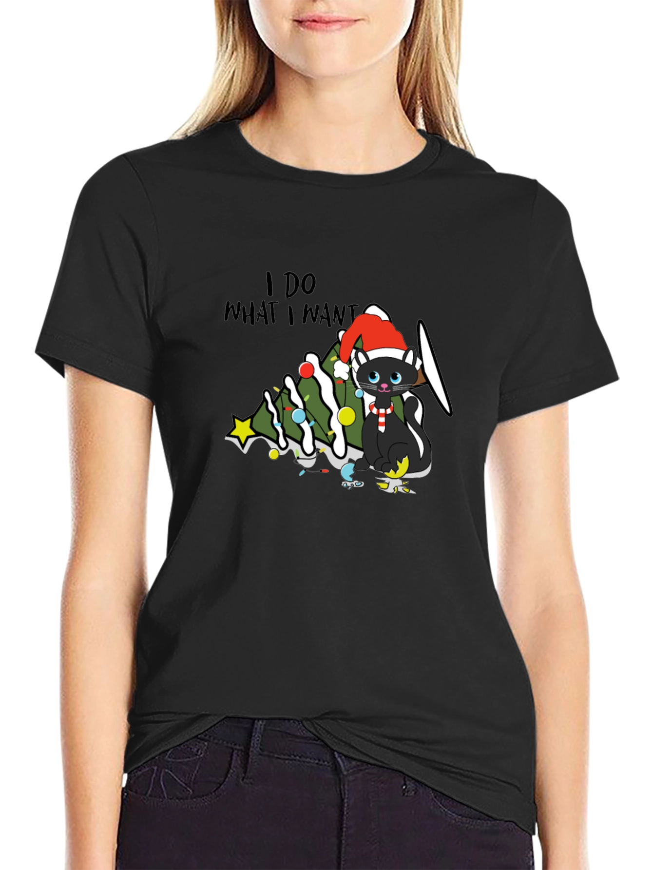 Black I Do What I Want Christmas Cat T-Shirt view 2