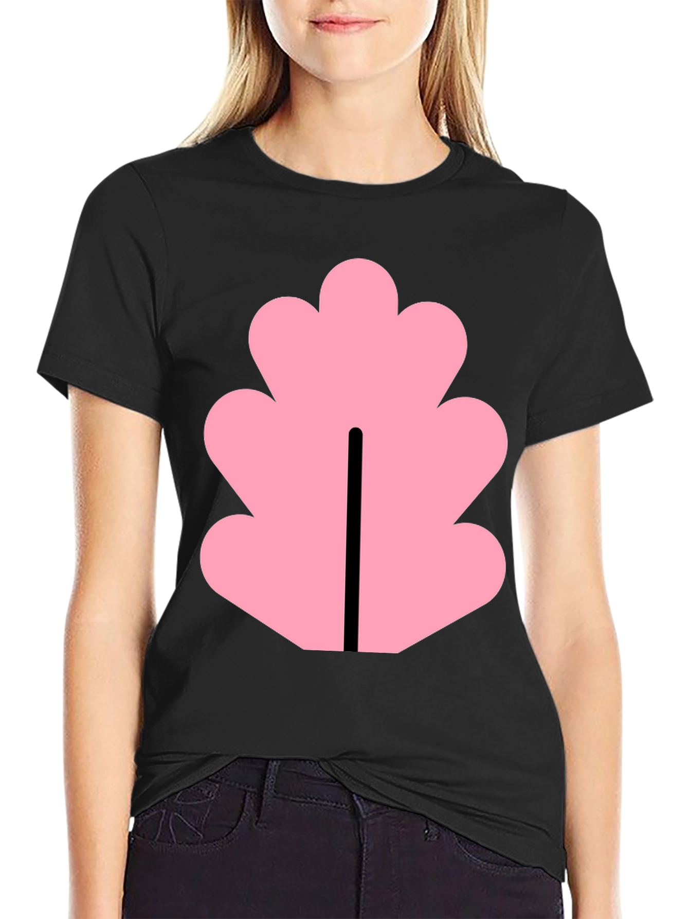 Black Black T-Shirt with Pink Leaf Design view 2