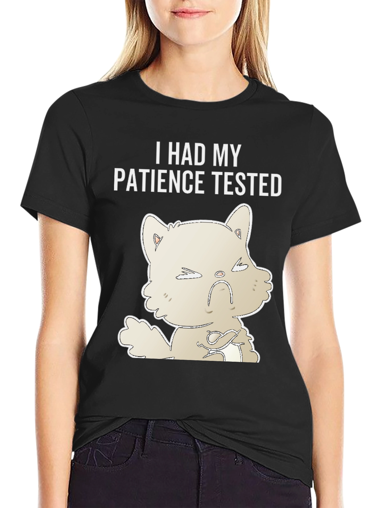 Black Patience Tested Graphic Tee - Angry Cat Humor T-Shirt view 2
