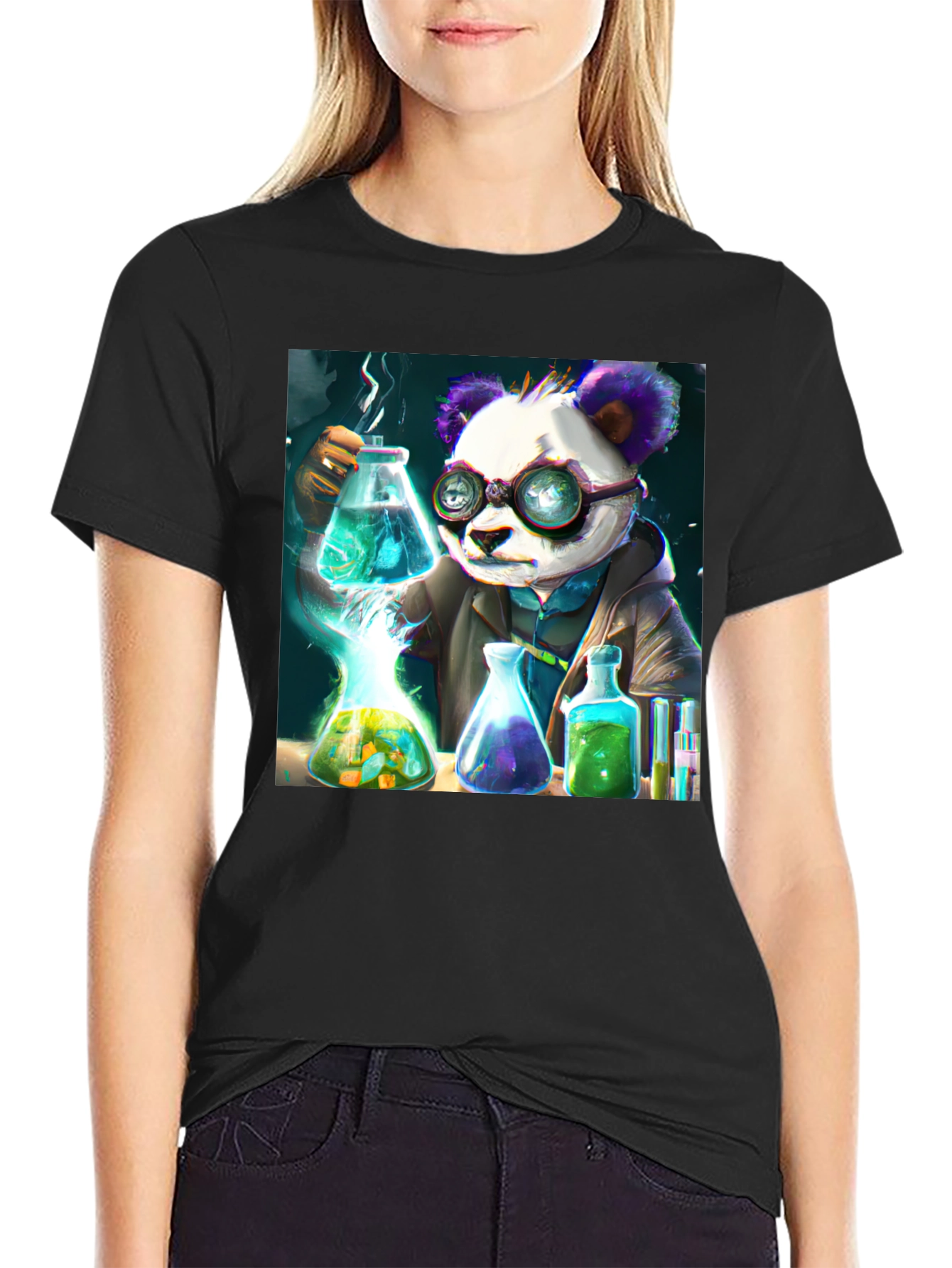 Black Scientist Panda Graphic Tee - Cool Black T-Shirt view 2