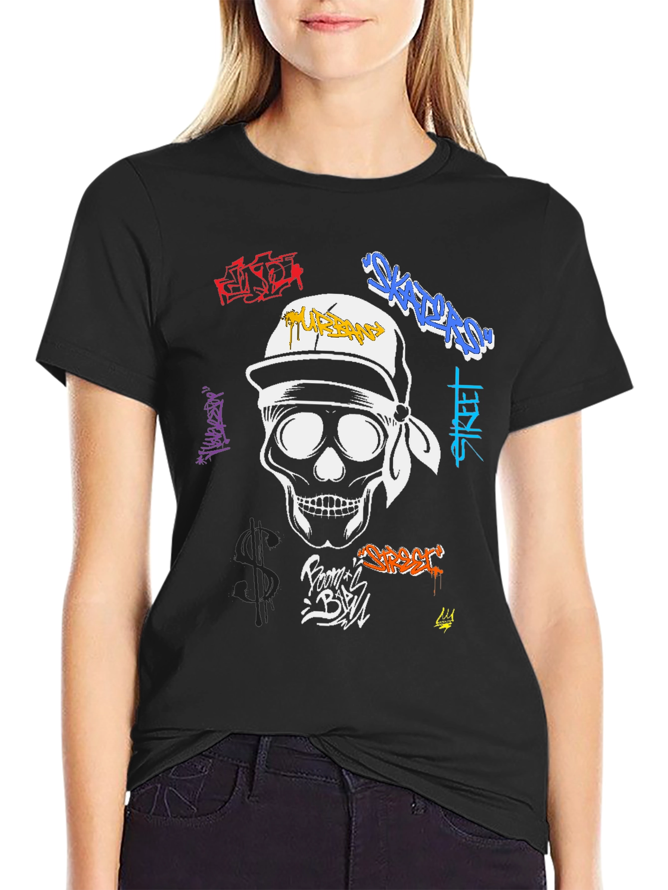 Black Urban Skull Graffiti T-Shirt - Streetwear Fashion view 2