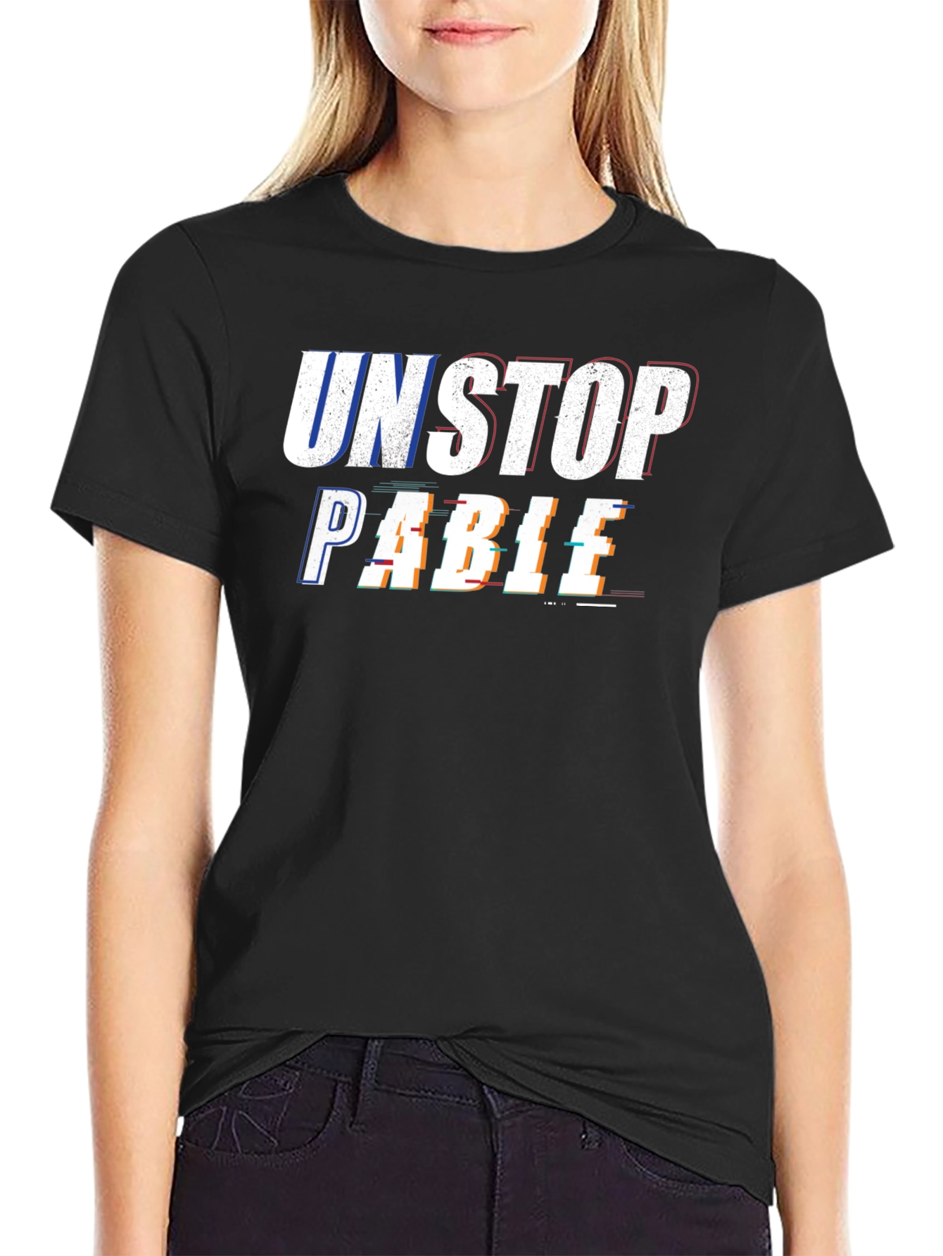 Black Unstopable Glitch Style Black T-Shirt view 2
