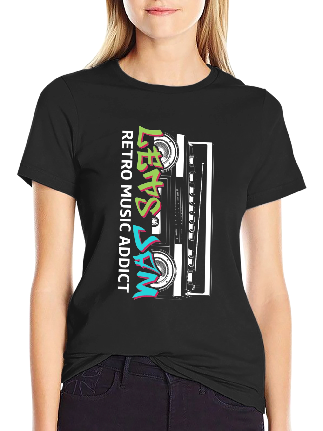 Black Retro Music Addict Cassette T-Shirt view 2