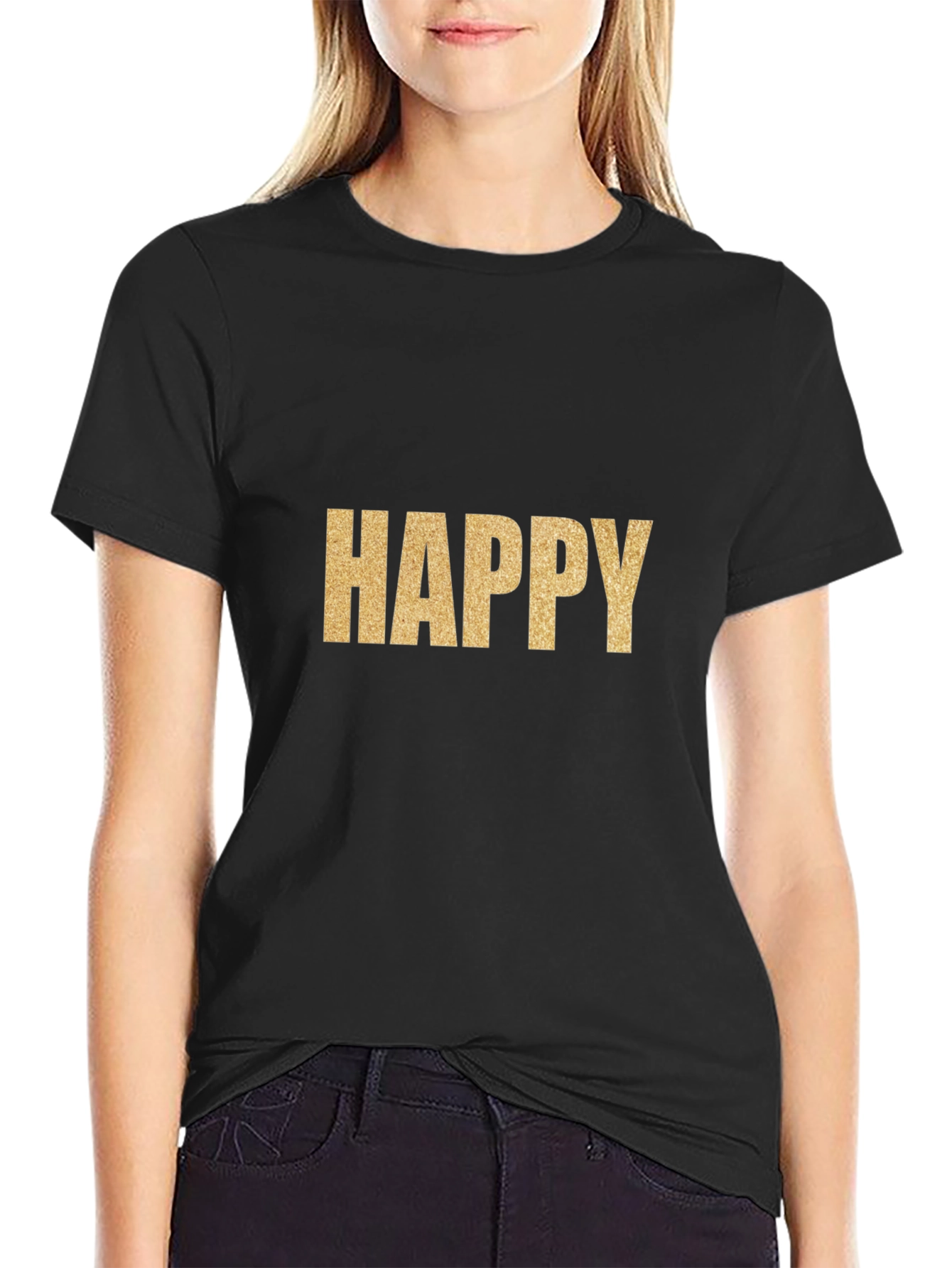 Black Happy Gold Graphic T-Shirt - Classic Crew Neck Tee view 2