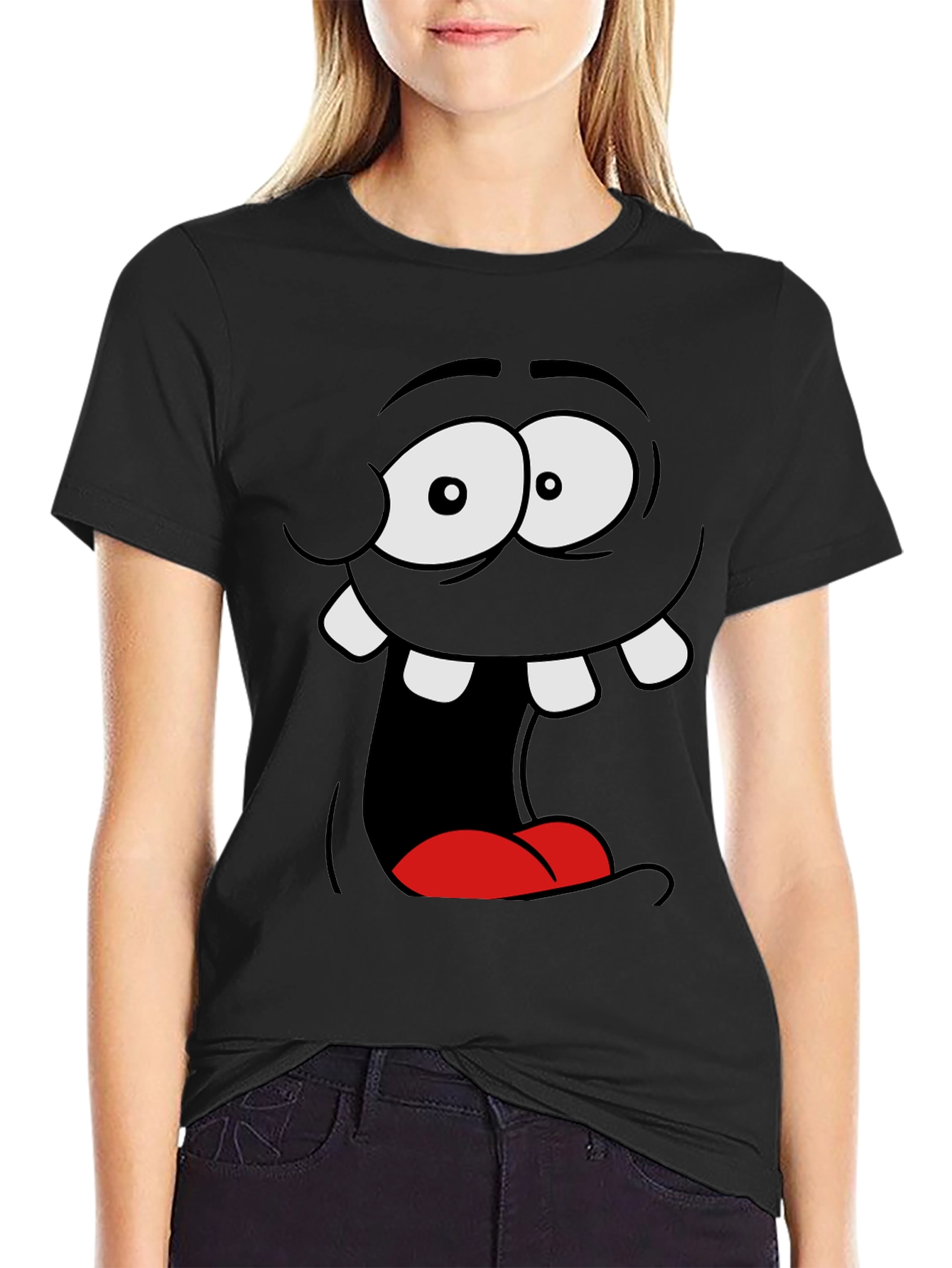 Black Funny Cartoon Face Black Graphic Tee view 2
