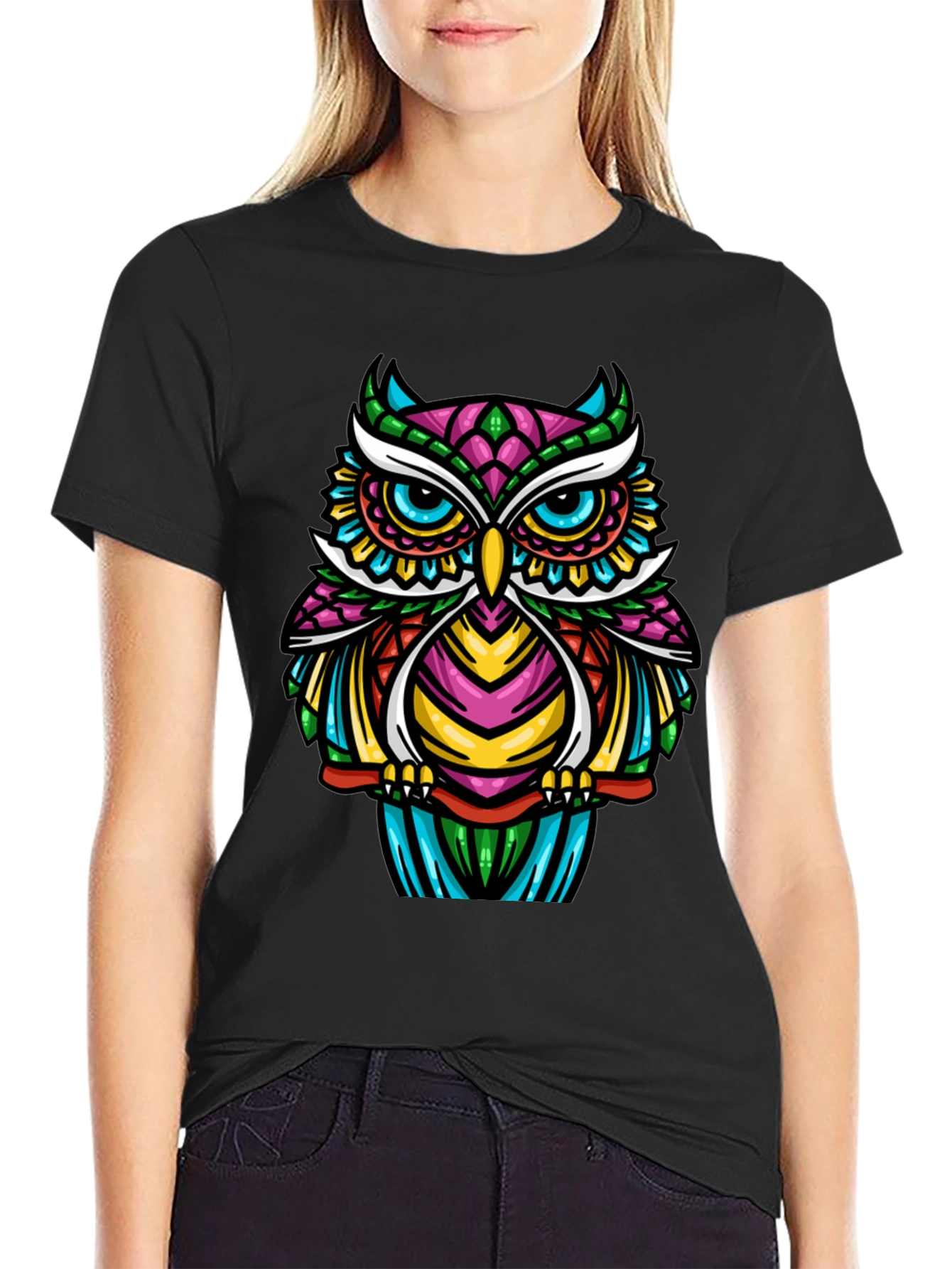 Black Colorful Owl Graphic T-Shirt - Unique Design view 2