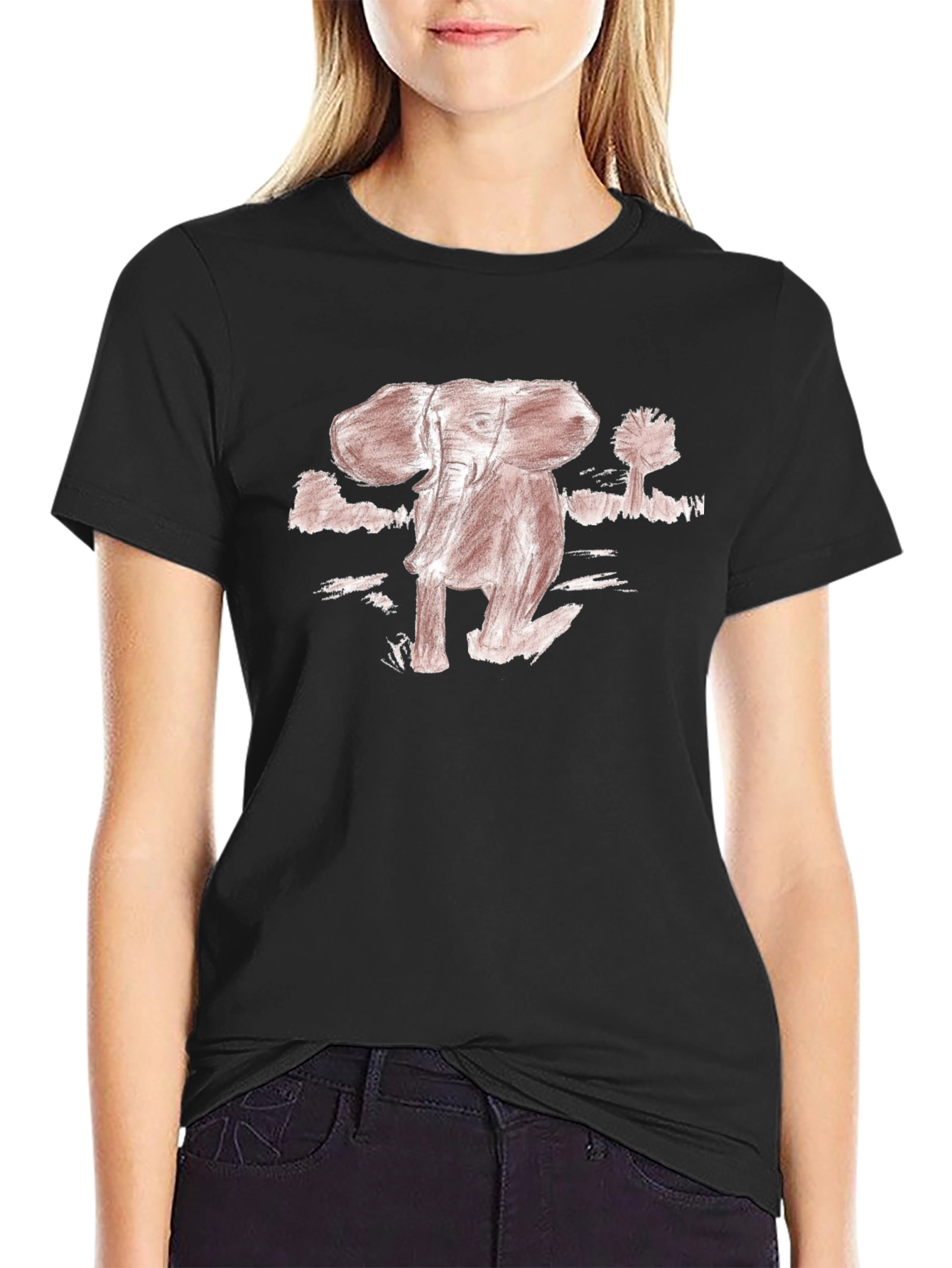 Black Elephant Sketch Graphic T-Shirt view 2